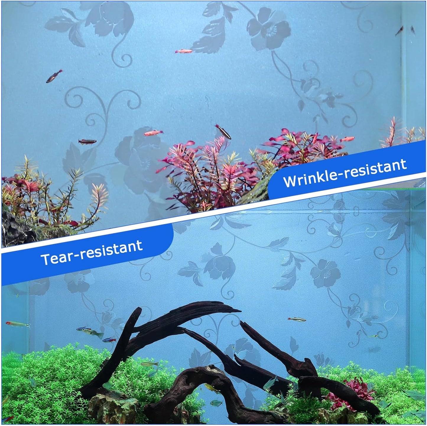 Aquarium Background Paper, Blue Fish Tank Backdrop Wallpaper Electrostatic Adhesive, No Glue, Easy to Install, Reusable (17.7" H × 47.2" L, Translucent)