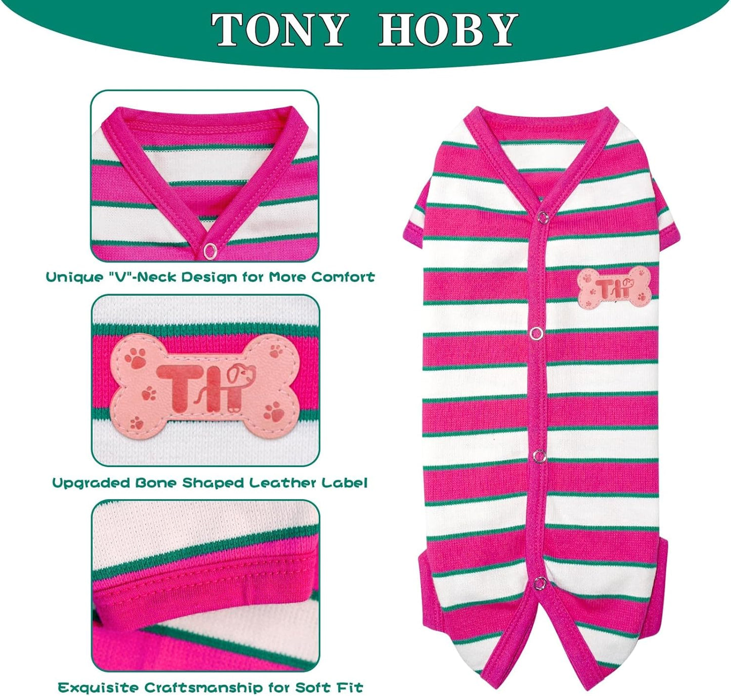 TONY HOBY Male Dog Pajamas, Dog Jumpsuit with Rose Red Stripe, Colorful Dogs Shirt for Small Medium Dogs (Rose Red&White, Boy, L)