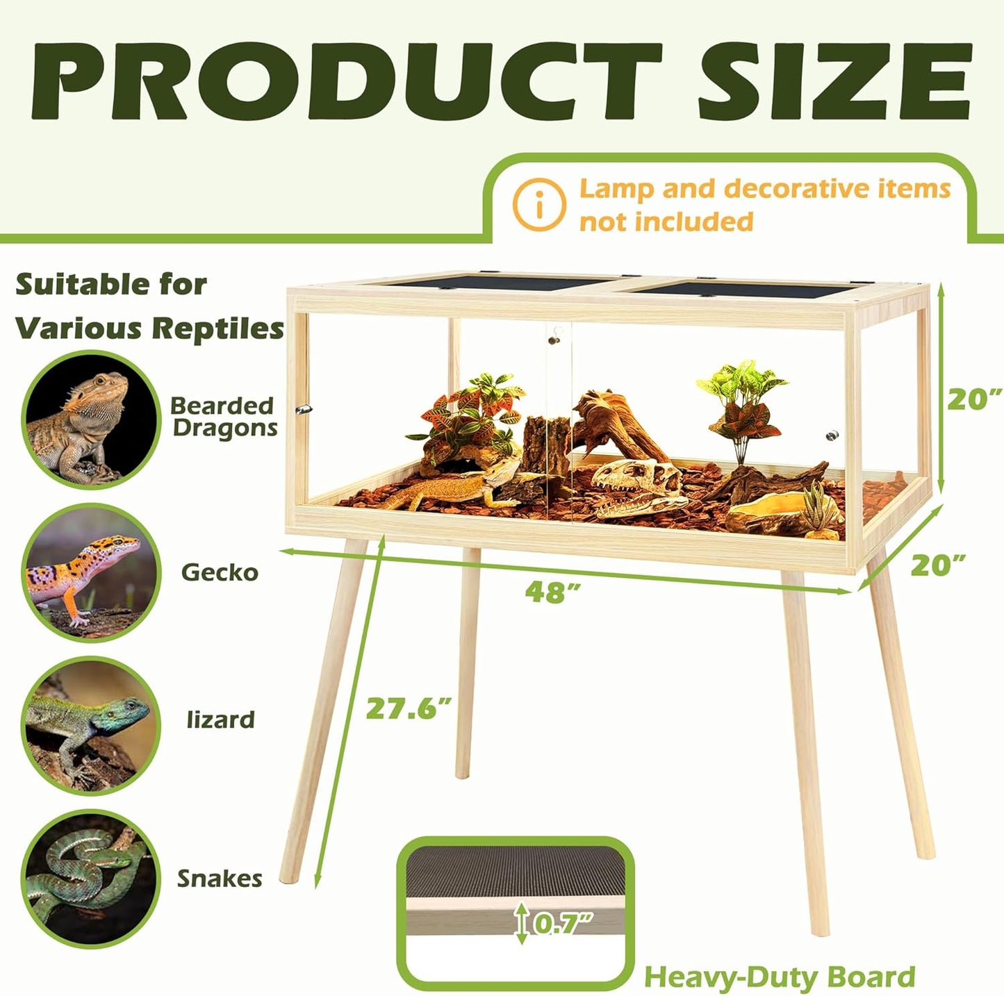 PROLEE Bearded Dragon Tank with Leg,Tempered Glass Lizard Tanks and Reptile Enclosure,Up to 78 Gallon Reptile Tank with Metal Mesh and Lockable Door for Snakes,Chameleon (Oak, 78Gallons,48inch)