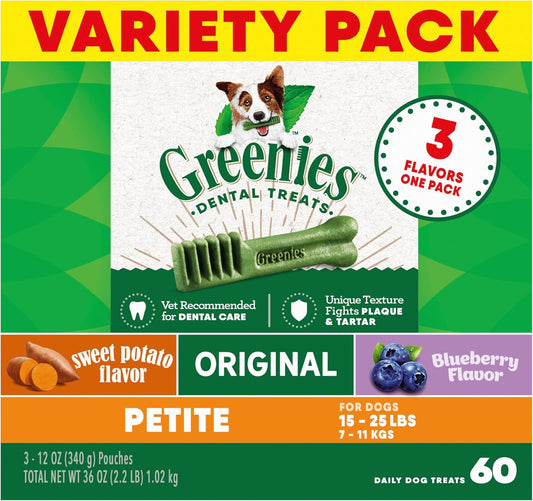 Greenies Petite Dental Dog Treats, 3-Flavor Variety Pack, (3) 12 oz. Pouches, 60 Total Treats