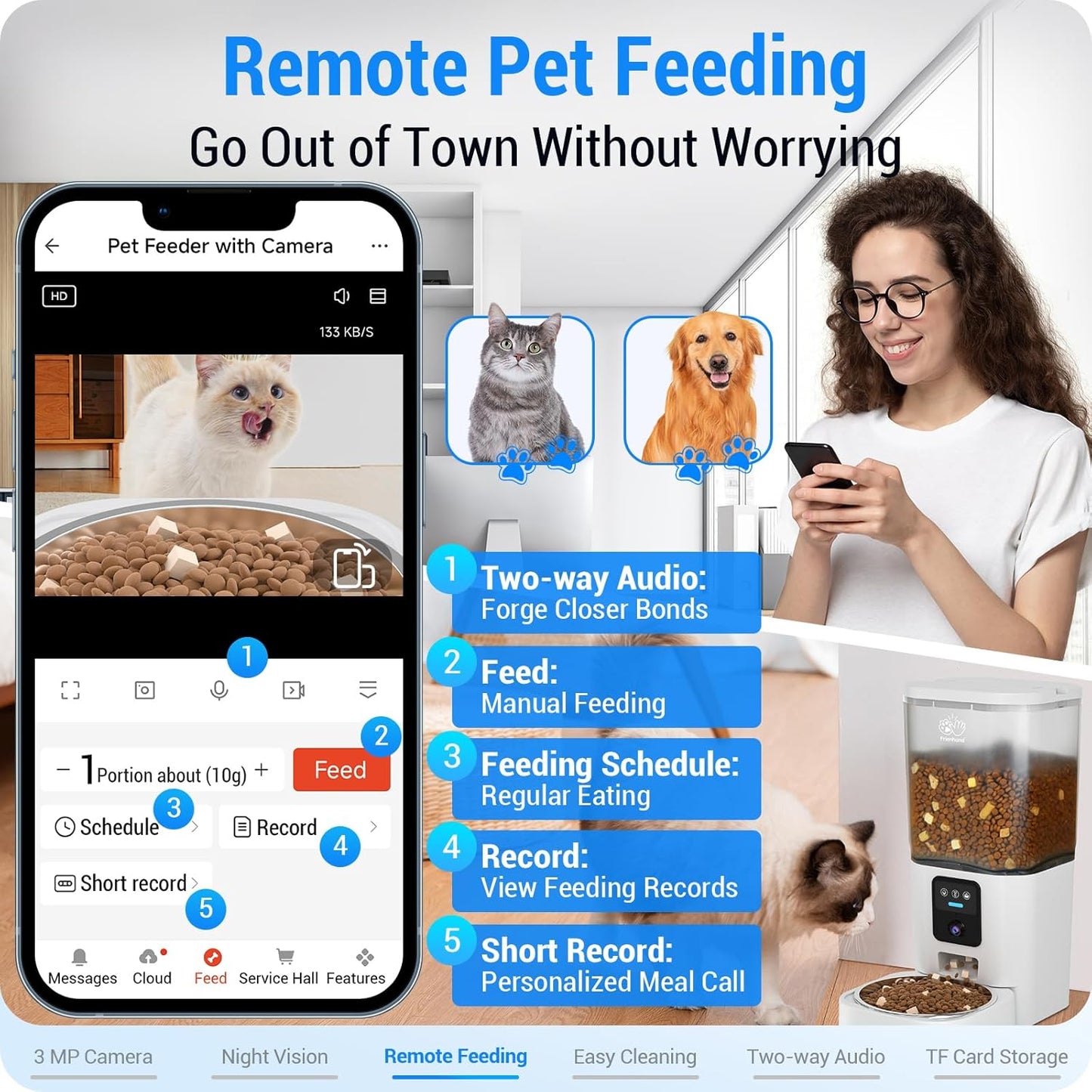 Automatic Cat Feeder with 2K HD Camera: Automatic Dog Feeder with Night Vision, Cat Food Dispenser with 5G WiFi for Multiple Pet, Detachable for Easy Clean - 29 Cup （7L Large Capacity）