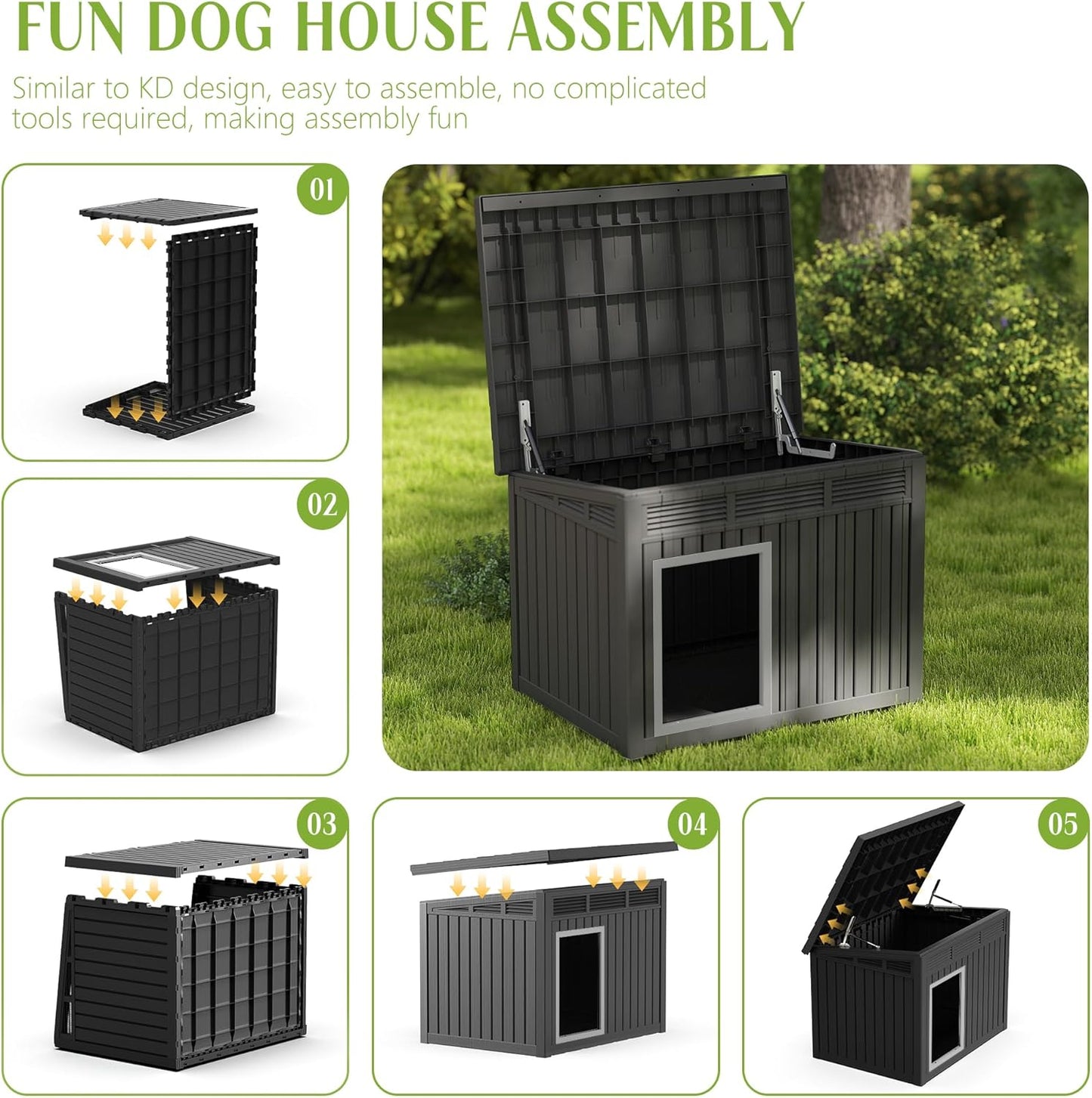 Dog House Indoor Outdoor,Resin Waterproof Puppy Shelter with Air Vents and Elevated Floor,Air Rod on Top to Open,Dog Kennel for Small to Large Dogs(Black,42.87 * 32.95 * 31.61)
