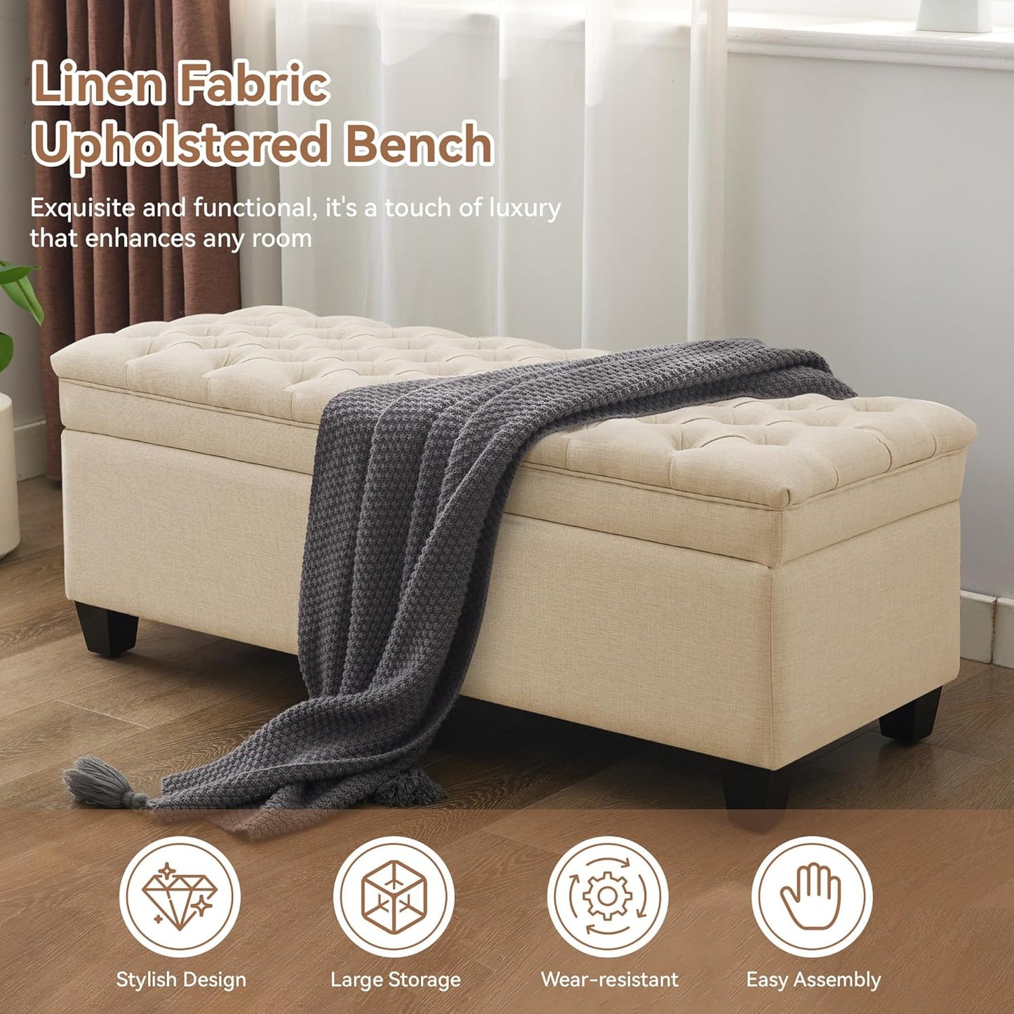 51" Fabric Storage Ottoman Bench, Upholstered Rectangle End of Bed Storage Ottoman Tufted Living Room Bedroom Bench with Safety Hinge, Solid Wood Legs, Loads 500 lb(Khaki)