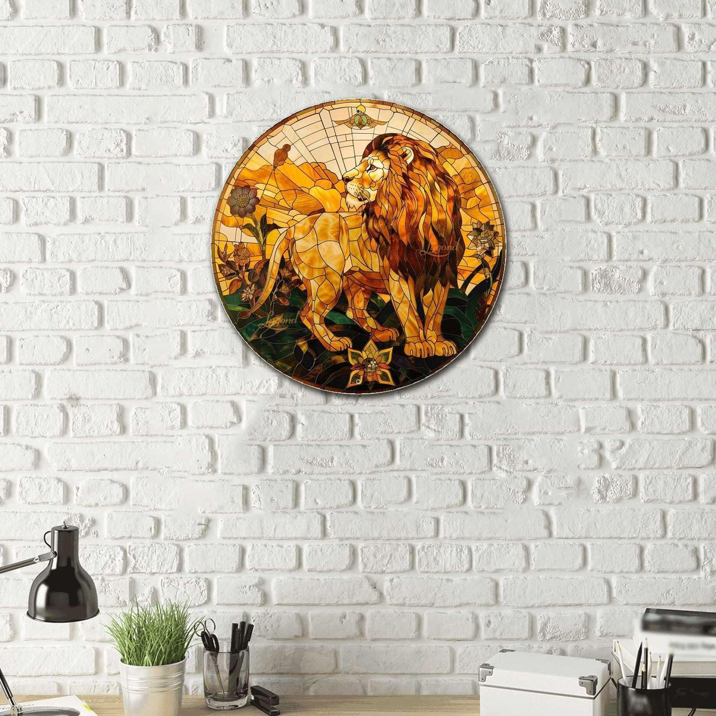 Lygond Metal Sign Tin Sign Circular Stained Glass Lion Funny Outdoor Decor for Club 8×8 Inches