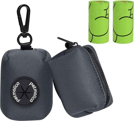 Petmolico Dog Poop Bag Holder Leash Attachment, Dog Waste Bag Dispenser Zippered Pouch, Fits Any Dog Leash, Includes Free Roll of Dog Bags, Poop Bag Dispenser - 2 Pack, Deep Gray