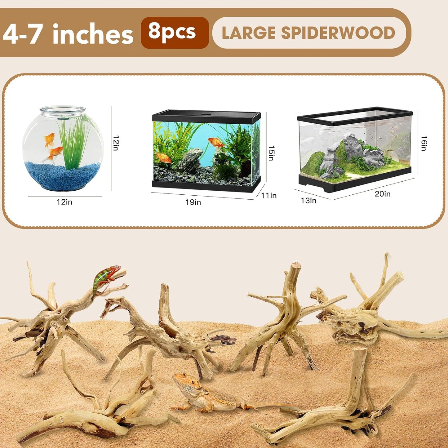 Natural Small Spiderwood Driftwood for Aquarium Decor Rptile Fish Tank Decoration Assort Branch 4-7'' 8 Pcs