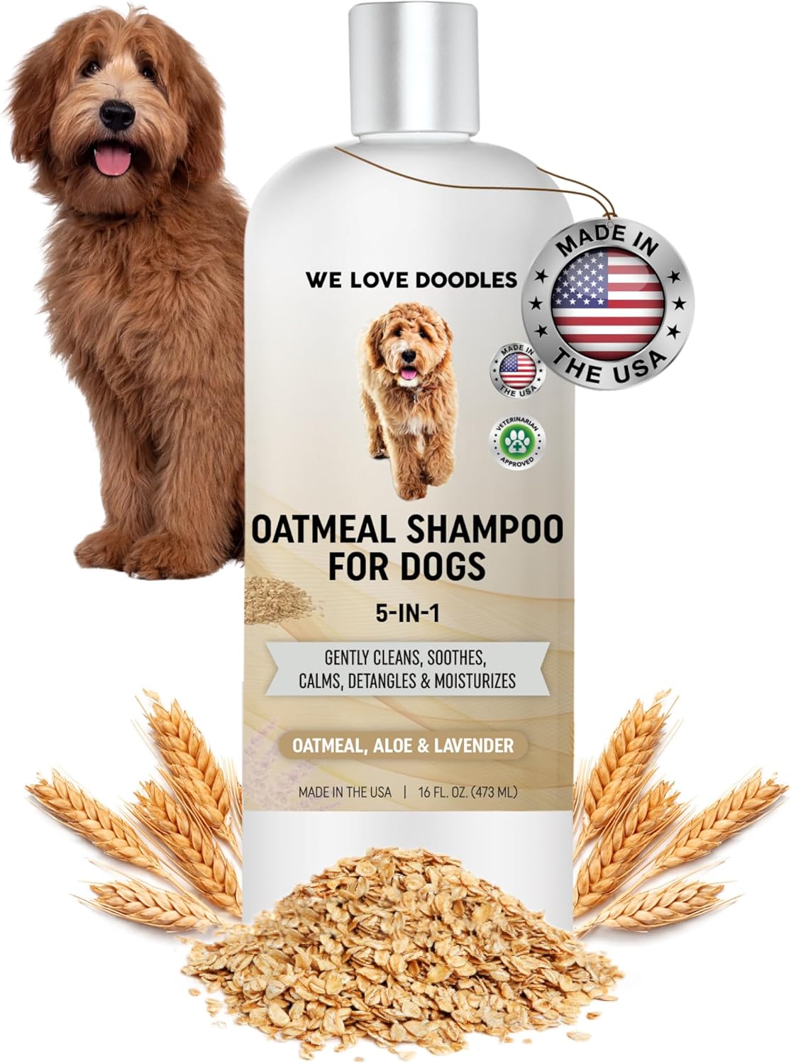 5-in-1 Premium Oatmeal Shampoo for Dogs, Gentle for Itchy & Sensitive Skin, Provides Itch Relief, Hypoallergenic & Soothing for Dry Skin, Moisturizing Anti-Itch, Made in USA, 16 oz [We Love Doodles]