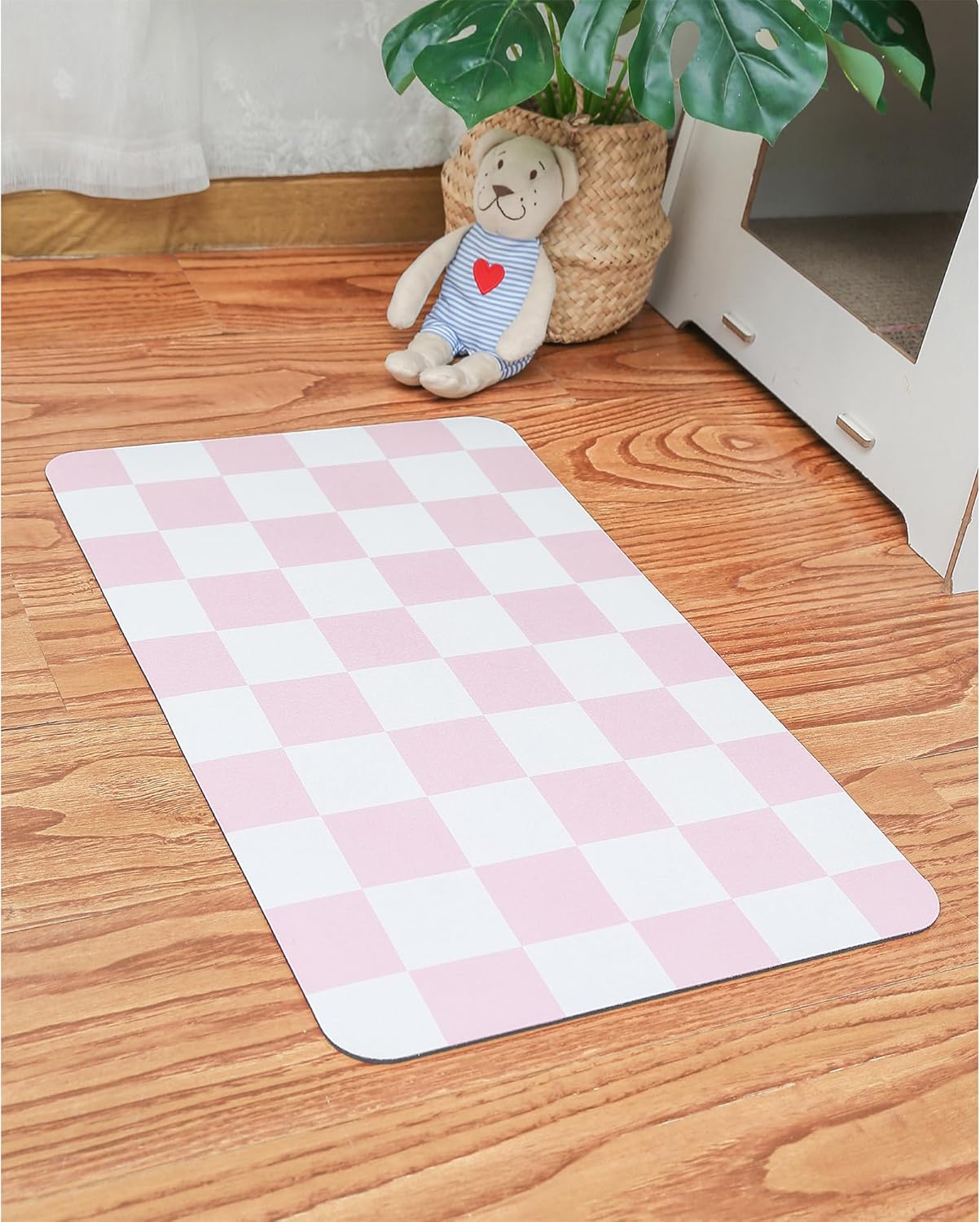 Ralxion Checkered Dog Feeding Mat, Absorbent Mats for Dog Food and Water Bowl, Dispenser, Retro Aesthetic Pink Checkerboard Pet Placemat for Dogs, Cats, Puppy Accessories, 12" X19”