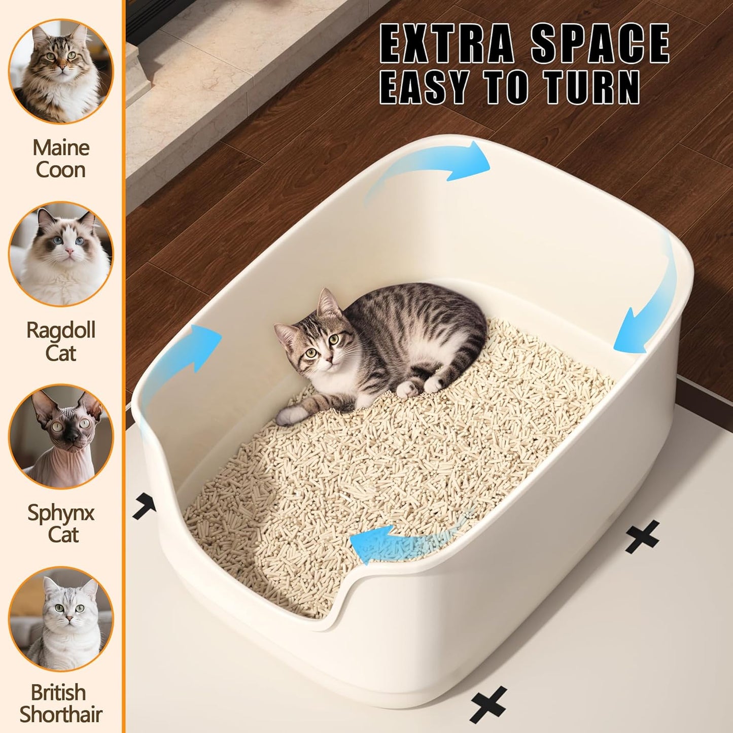 Gefryco Large Cat Litter Box with High Sided 24.6"x18.3"x12.2" - Jumbo Extra Large Open Anti - Splashing High Wall for Multiple Cats (White)