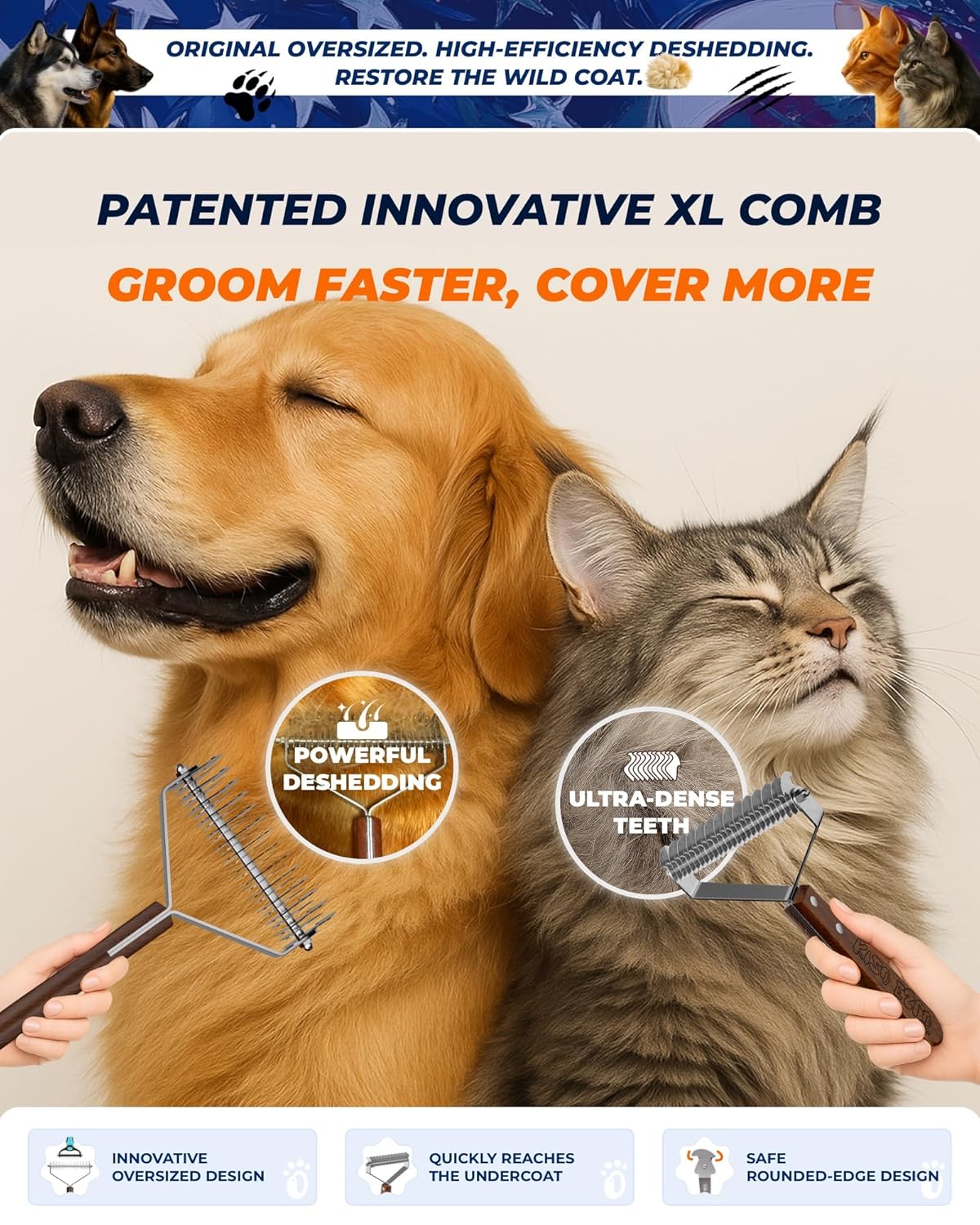 Extra Large 2-Sided Undercoat Rake for Dogs & Cats, Dog Brush for Shedding Remove Mats, Dematting Comb, Safe & Gentle Grooming Brush for German Shepherds Medium to Long-Haired Pets (Walnut Handle)