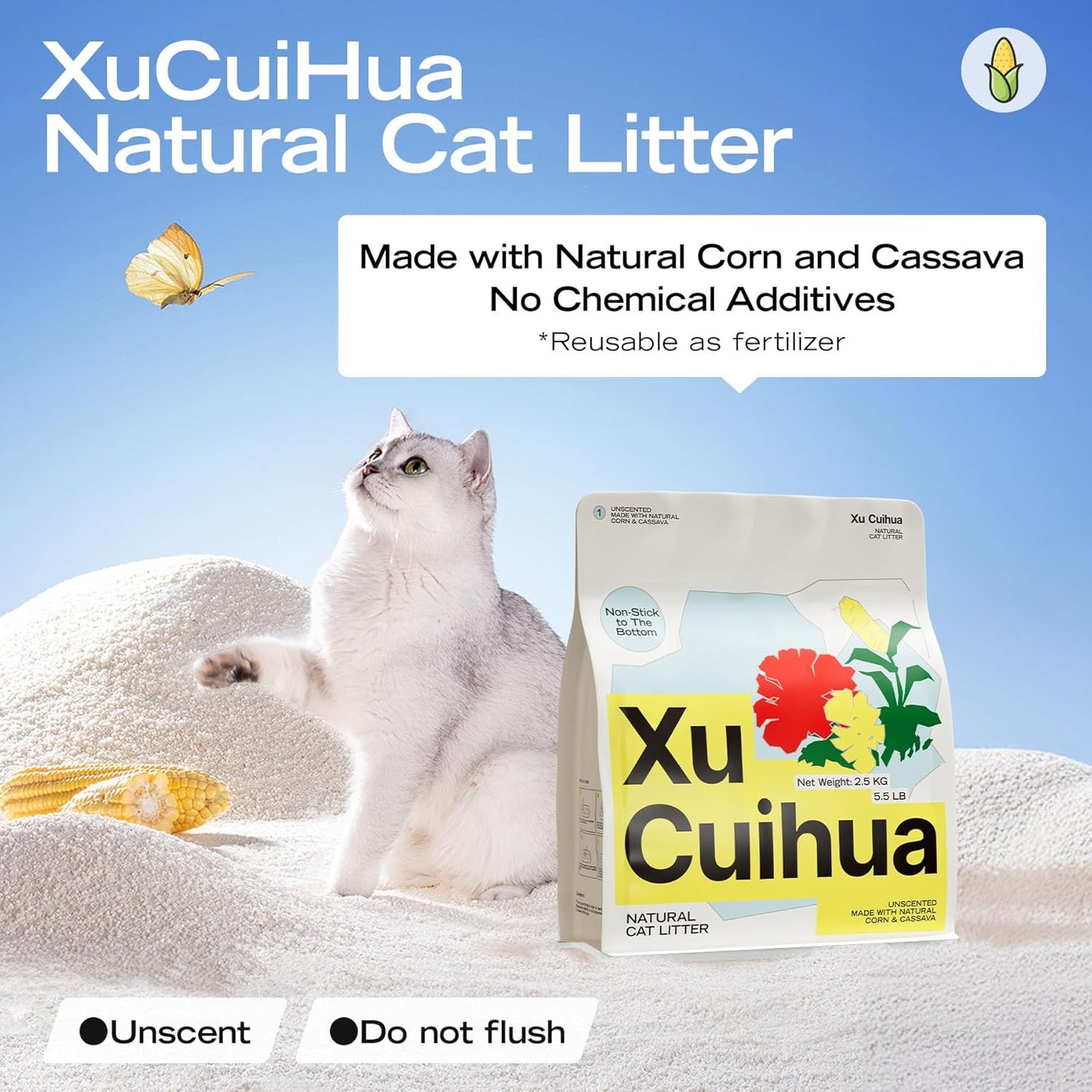 Natural Cat Litter Unscented, 100% Plant-Based, Strong Clumping Litter, Easy Scooping, Clumps Lift Cleanly, Low Dust, Corn & Cassava Litter, 5.5 LB x 3 Bags