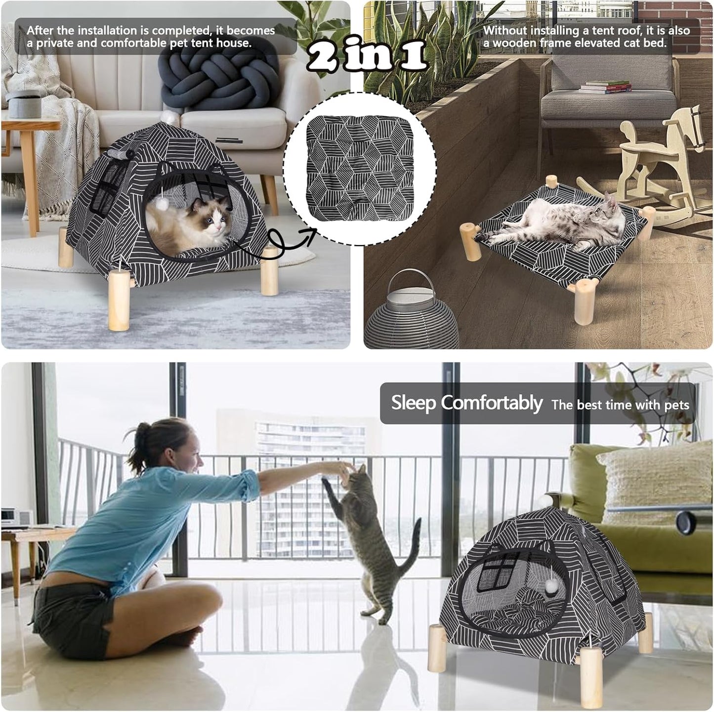 2-in-1 Elevated Cat Tent Cat House, Quick Assembly and Disassembly, Portable Indoor/Outdoor Cute Cat Bed Cave-Black Diamond Pattern