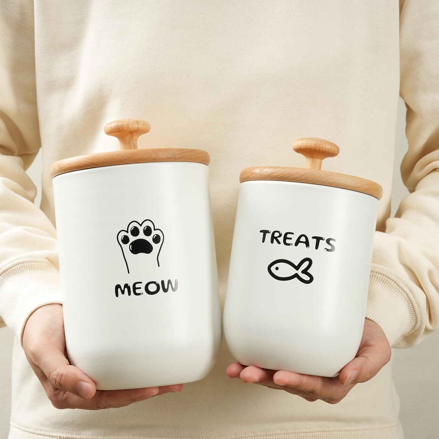 Cat Treat Container with Airtight Lid, Cat Food Oganizer Dry Food, Cat Food Storage Containers, Pet Treats Canister, Cat Treat Jar Set of 2-8.3x4.9 & 7.1x4.3 (White)