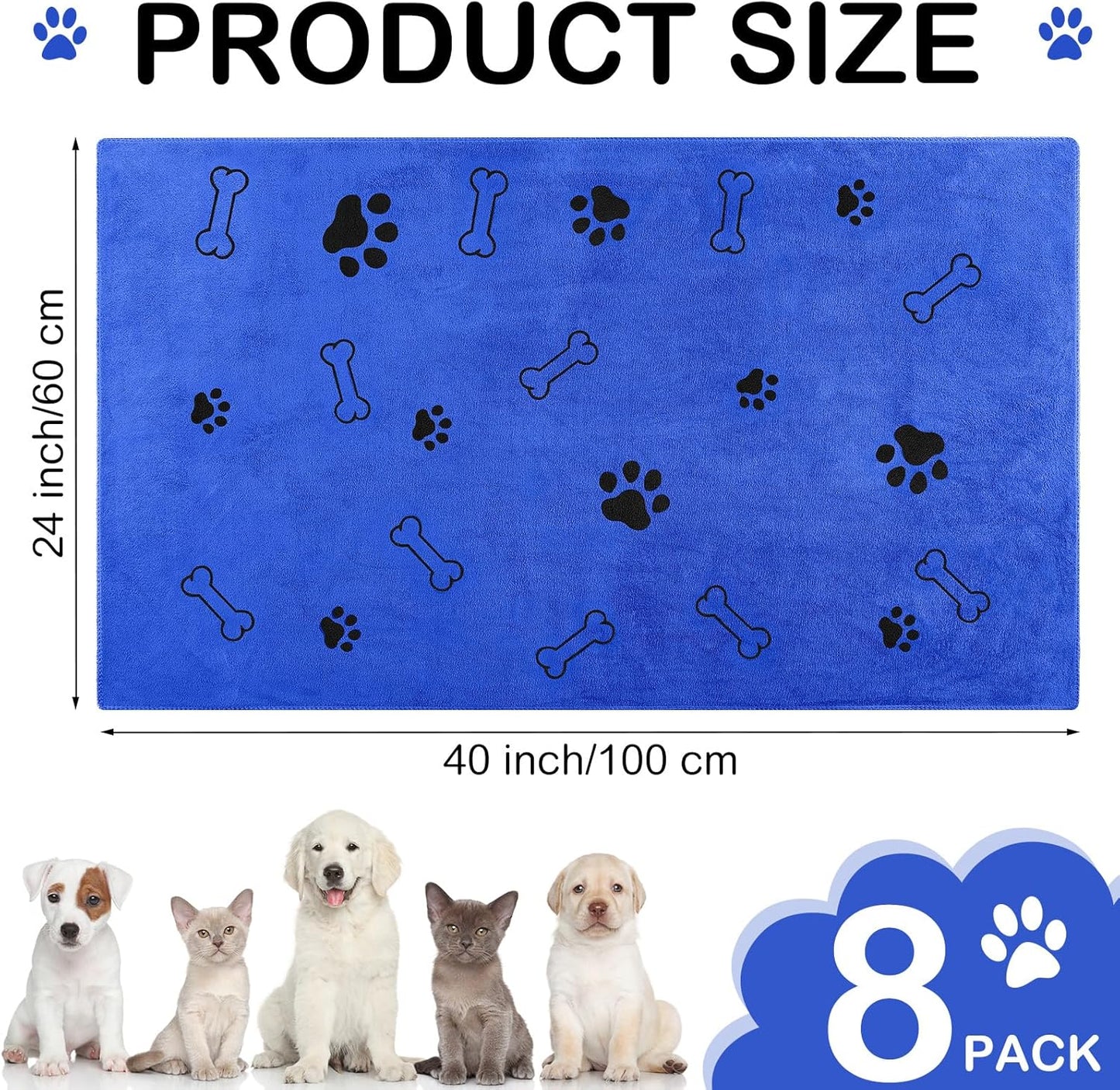 Chumia 8 Pcs Dog Towels for Drying Dogs Cats Pet Towels Bulk Puppy Microfiber Quick Drying Paw Bath Bathing Supplies Absorbent for Medium Pets(Dark Blue,40 x 24 Inch)