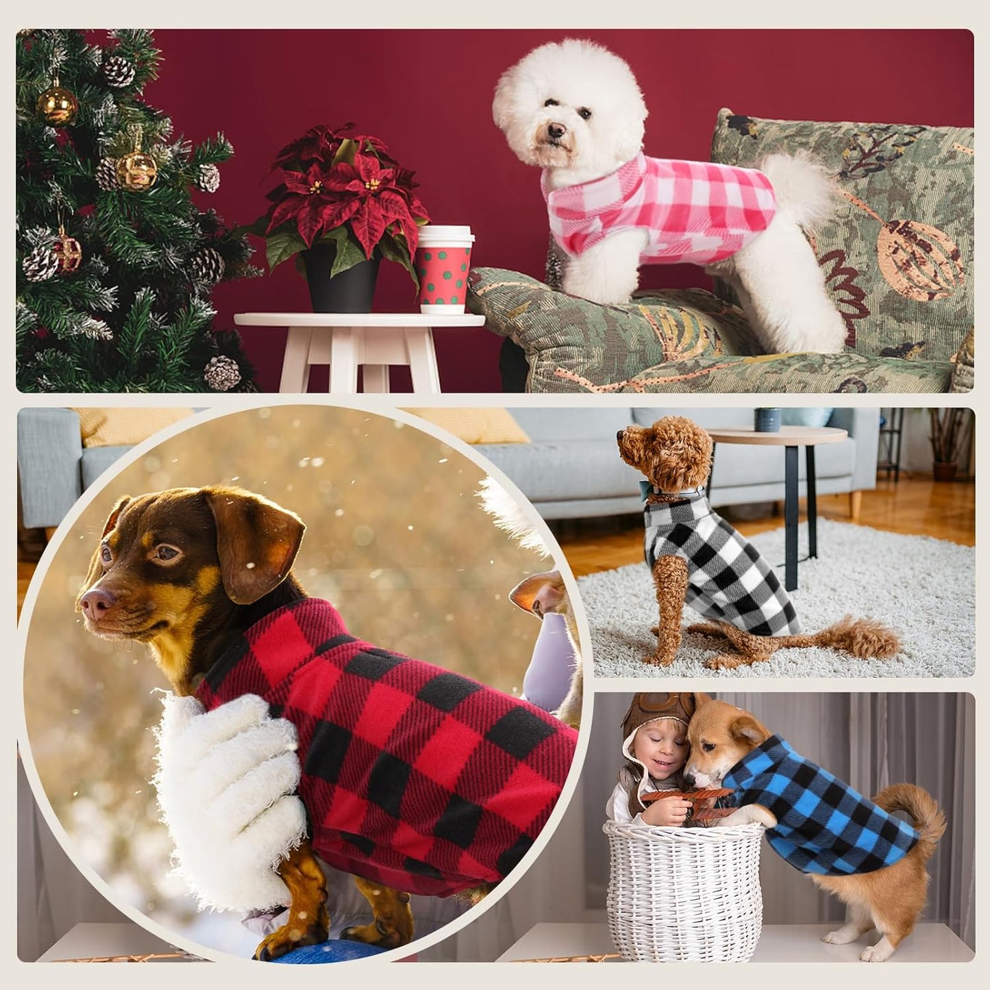Kuoser 4 Pack Dog Fleece Vest,Warm Plaid Dog Sweater with Leash Hole,Soft Turtleneck Winter Pet Jacket Dogs Coat Pullover for Small Medium Dogs Cats,Spring Fall Cold Weather Christmas Outfit, XXS