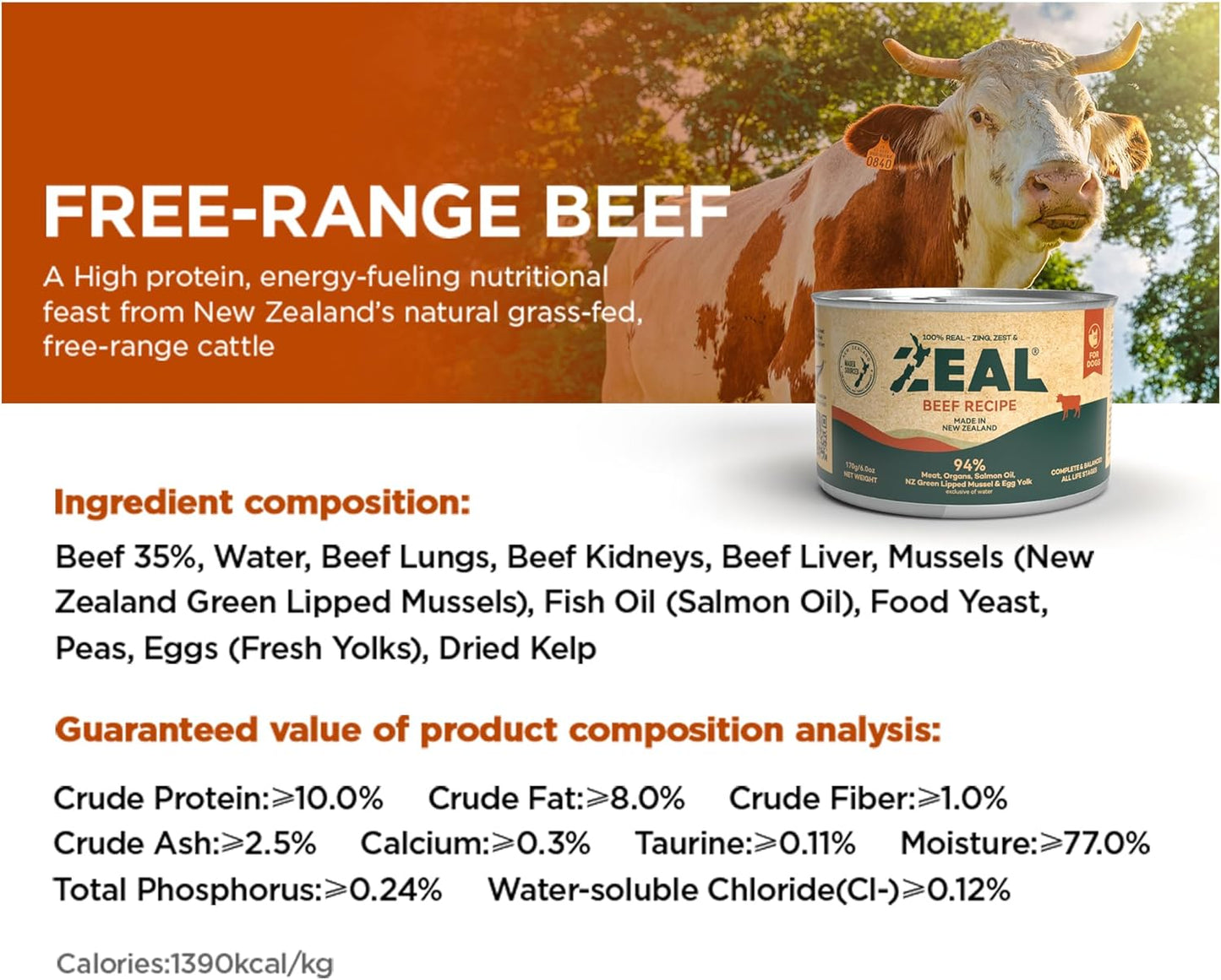 ZEAL New Zealand Wet Cat Food – High Protein, Grain-Free with Superfoods (Beef, 6oz Can, 12-Pack)