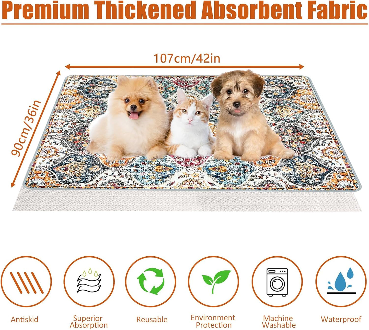 Washable Pee Pads for Dogs, (2 Pack, 36"x42") Upgrade Reusable Puppy Pads with Non-Slip Rug Pad, Super Thickening Absorbent Leakproof Dog Traning Pads Whelping Pad for Dogs, Doggie(Orange)