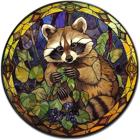 Lygond Metal Tin Sign - Circular Stained Glass Raccoon - Pub Sign - 1212 Inches