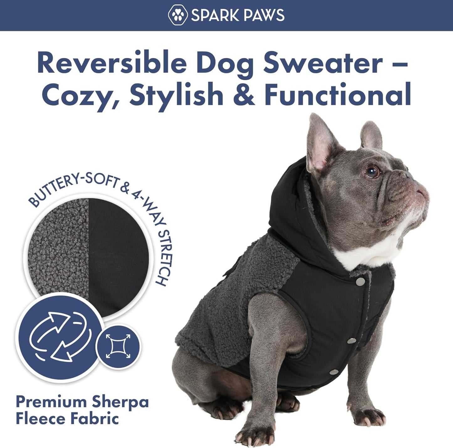 Spark Paws Reversible Dog Sweater, Sherpa Jacket Vest with Warm Fleece Lining, Warm Coat for Winter, Suitable for Small Medium, Large, XL XXL Dogs - Black and Grey - L