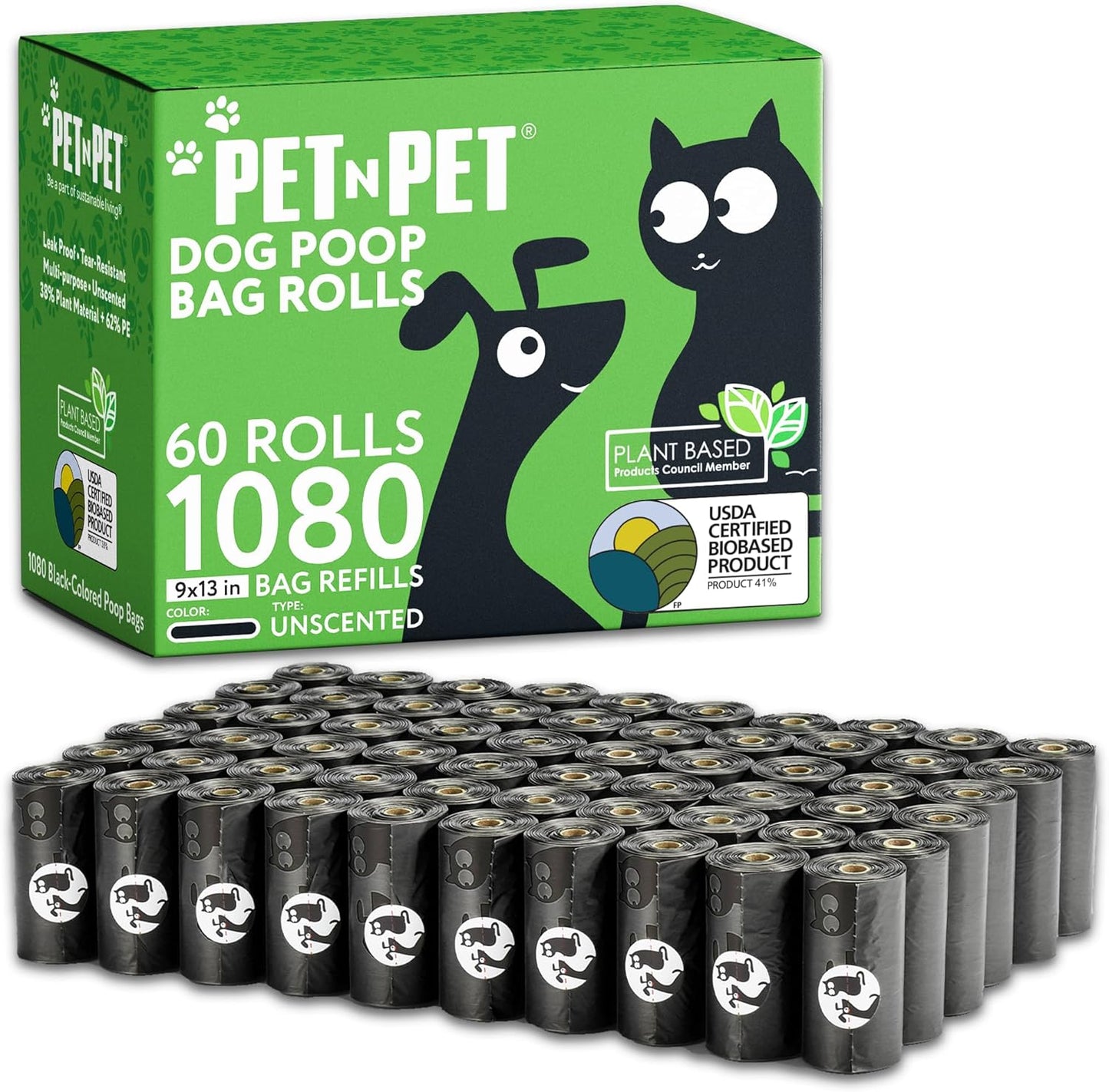 Pet N Pet 1080 Counts Black Poop Bags for Dogs, 41% Plant Based & 59% PE Extra Thick Dog Poop Bags Rolls, 9" x 13", Unscented Pet Waste Bag
