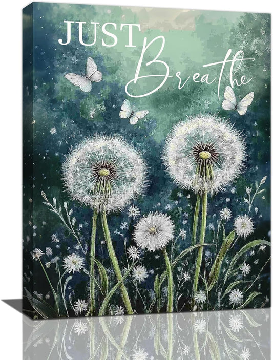 Dandelion Pictures Wall Art, Farmhouse Floral Bathroom Wall Decor, Rustic Inspirational Framed Painting Butterfly White Flower Canvas Artwork for Bathroom Bedroom Living Room Decorations 24"L x 16"W