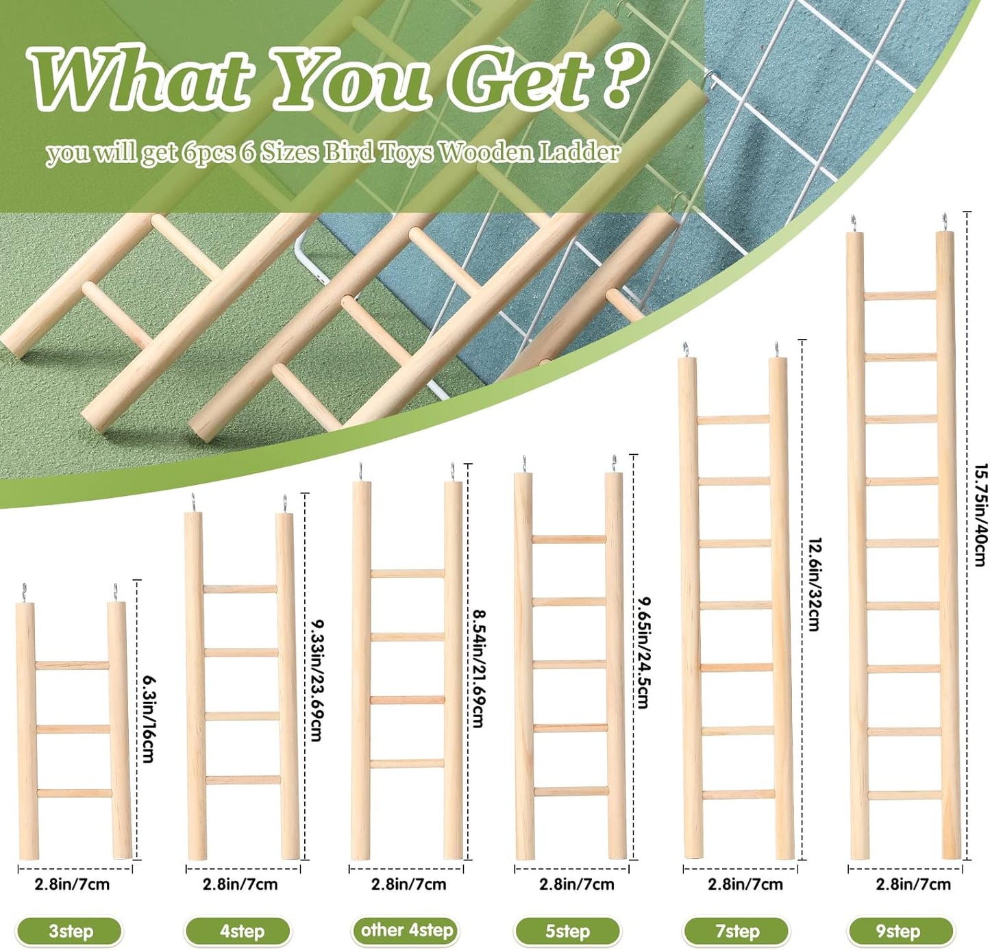 Kigeli 6 Pcs Wood Step Ladder for Bird, Hanging Bird Ladder Parrot Step Cage Hanging Climbing Toys for Parakeets, Parrots, Cockatoo and Lovebirds