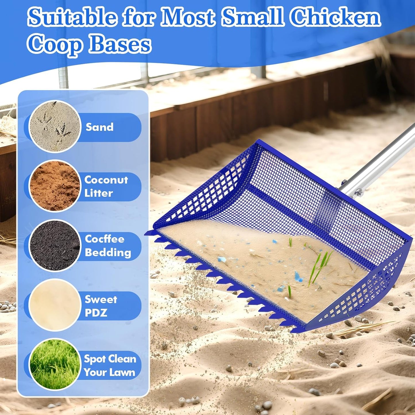 12 Inch Chicken Poop Scooper & Rake 2-in-1, Large Metal Shovel Head, Rubber Handle Stainless Steel Chicken Litter Scoop for Chicken Coops, Litter Screening Scoop (35 to 65in) US Patent Pending (Blue)