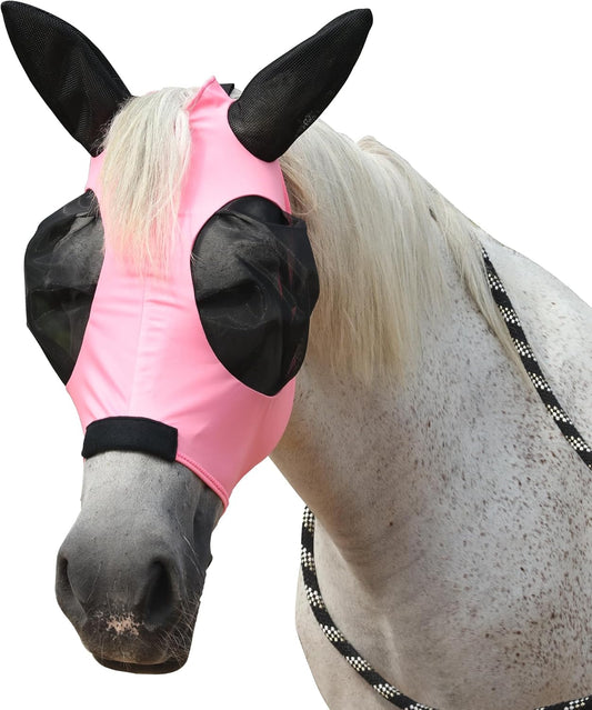 Horse Fly Mask with Ears - Large Eye Space for Full Vision, Breathable Stretch Comfort Fit, UV Protection, Forelock Opening, Easy Pull-On Pink Cob