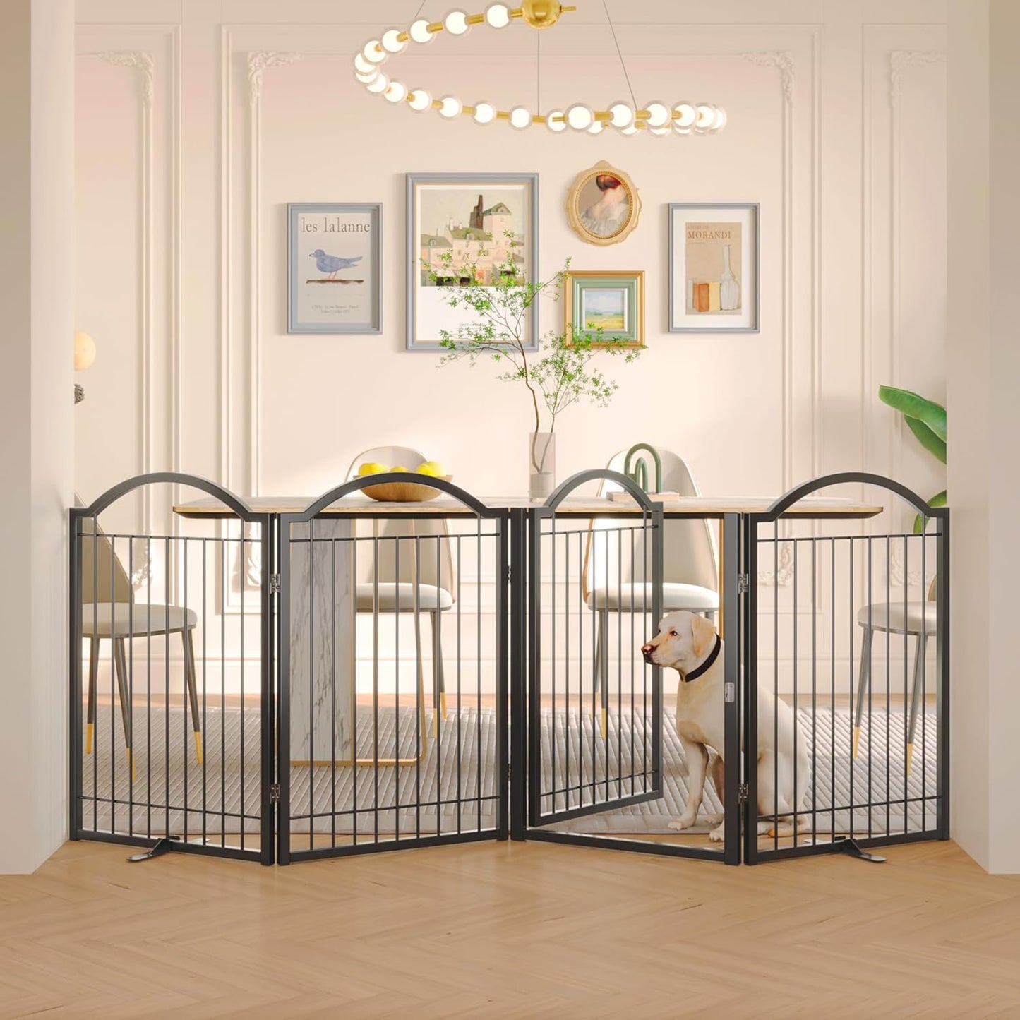 BHG Metal No-Assembly Freestanding Dog Gate with Door Walk Through, Extra Wide 96", Extra Tall 32" Pet Gate, Accordion Puppy Folding Playpen Dog Fence, with 2PCS Support (Black, 4 Panels)