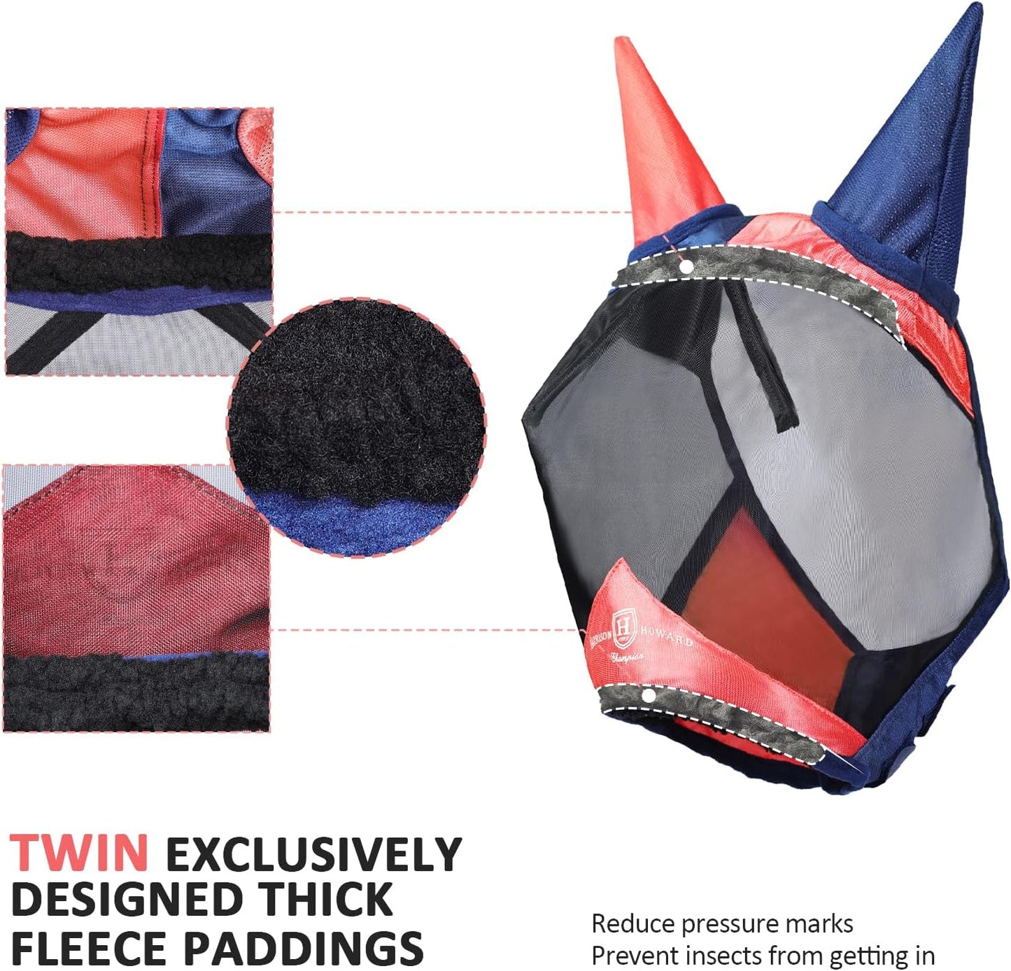 Harrison Howard Pro Luminous Horse Fly Mask Large Eye Space Half Face with Ears UV Protection for Horse Coral Orange/Navy M