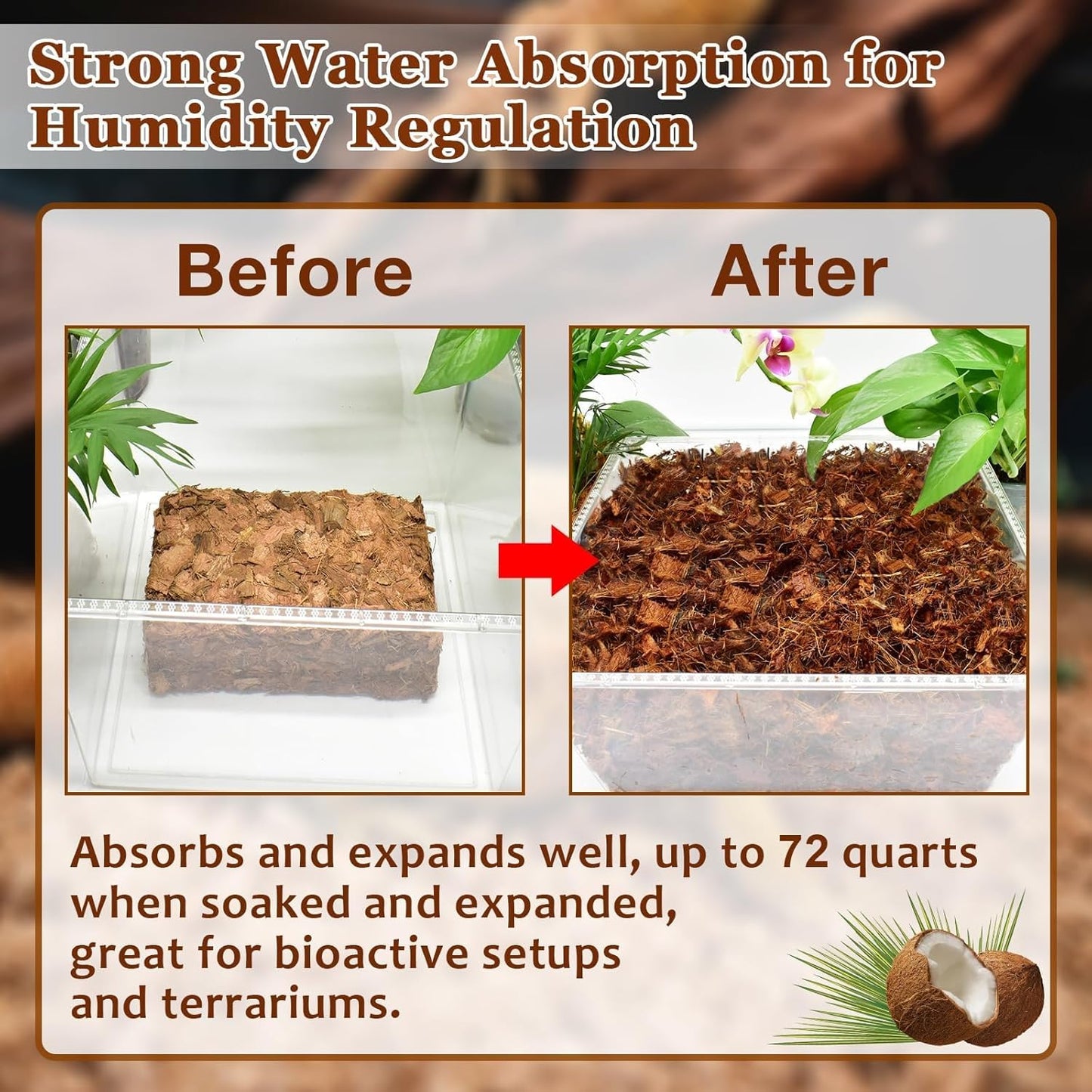 Halatool 10LB Coconut Chips Substrate for Reptiles 72QT Natural Coco Husk Snake Bedding for Ball Python Coco Coir Chip Terrarium Substrate for Tortoise Frog Gecko Hermit Crab Hamster