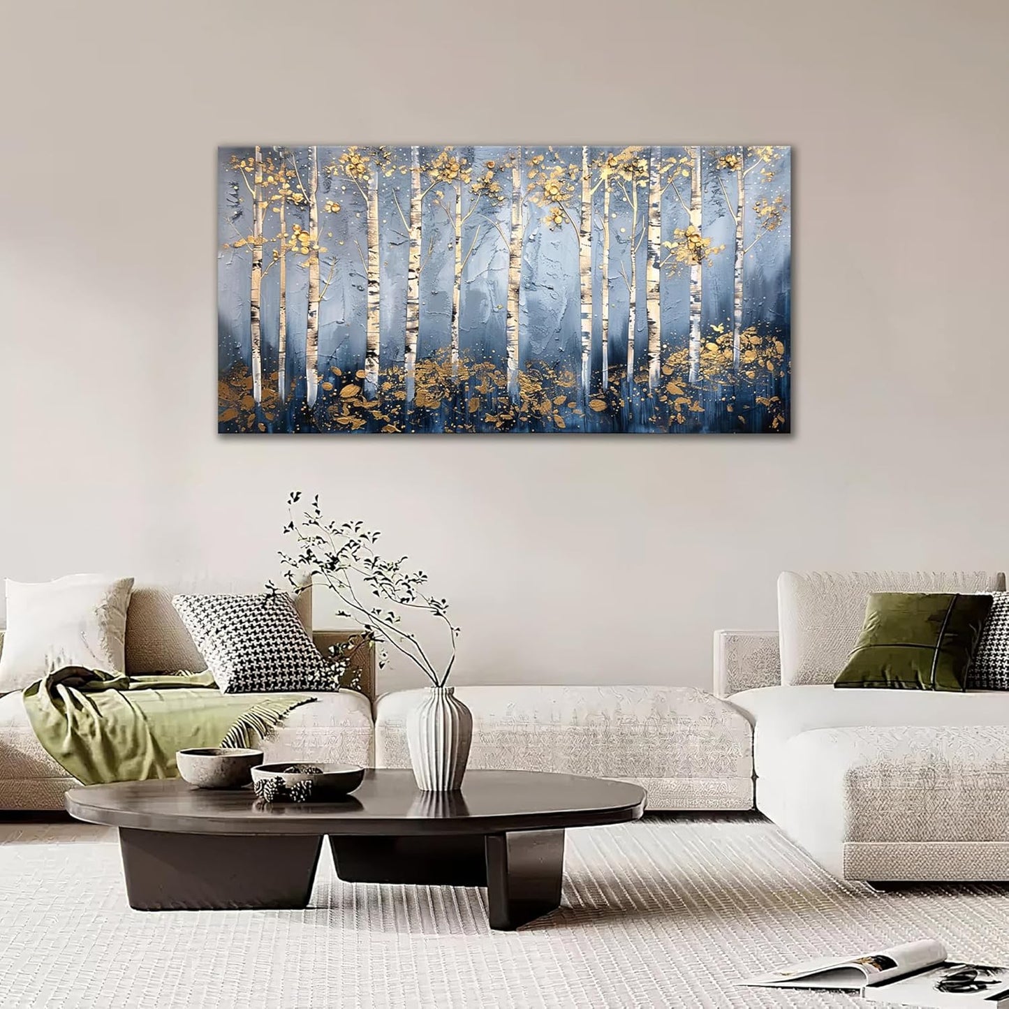 Large White Birch Wall Art Forest Golden Leaves Canvas Living Room Nature Landscape Pictures Framed Prints Oversize Wall Decor Painting Artwork for Bedroom Dining Home 60"x30"