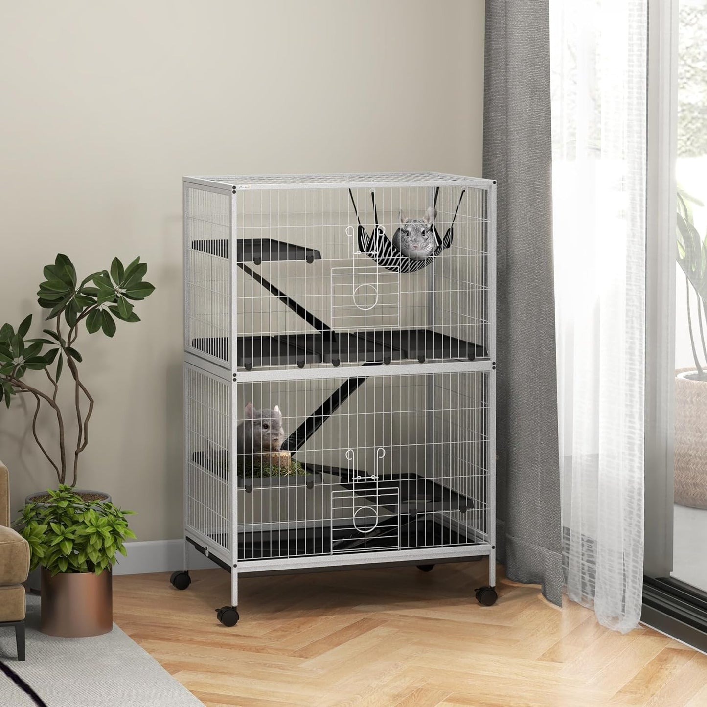 PawHut Metal Small Animal Cage, 5-Tiers Rolling Big Ferret Cage with Hammock, Removable Tray, for Chinchilla, Sugar Glider, White