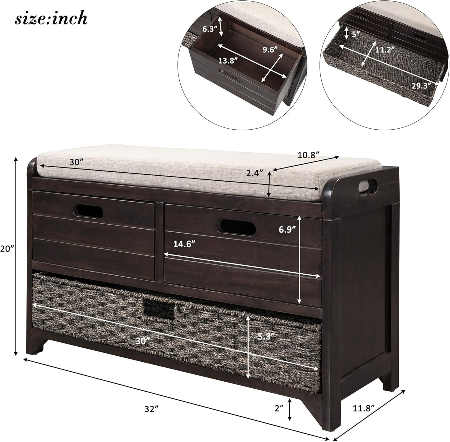 Storage Bench with Removable Basket 2 Drawers Fully Assembled Acacia Wood Shoe Bench Standing Shoe Rack Removable Cushion for Living Room, Entrance Hallway, No Assembly Required Espresso