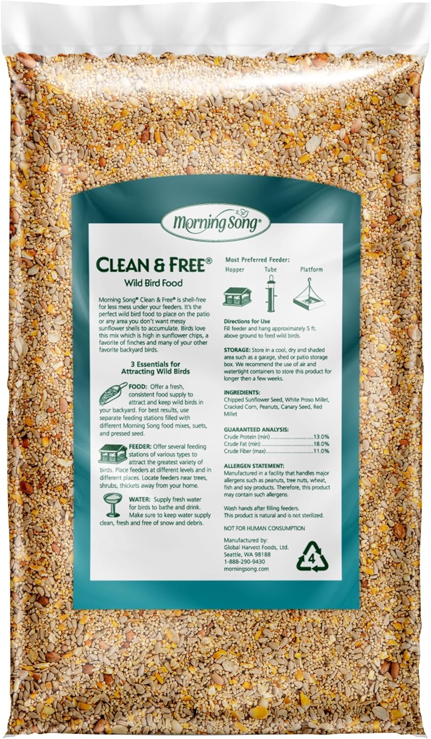 Morning Song Clean & Free Shell Free Wild Bird Food, Premium No Mess Bird Seed for Outside Feeders, 10-Pound Bag