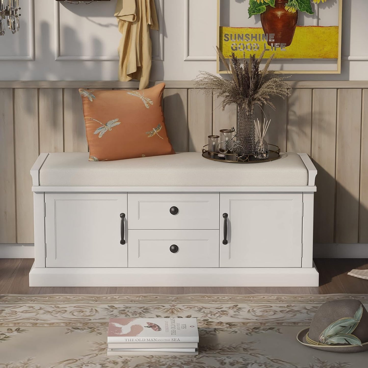Storage Bench with 2 Drawers and 2 Cabinets, Pine Wood Shoe Bench with Removable Cushion for Living Room, Entryway 42.5" L x 15.9" W x 17.5" H (White)