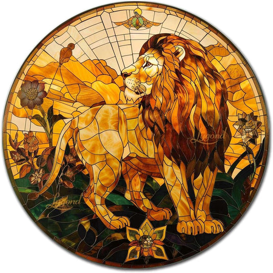 Lygond Metal Sign Tin Sign Circular Stained Glass Lion Greenhouse Decor For Pub 12×12 Inches