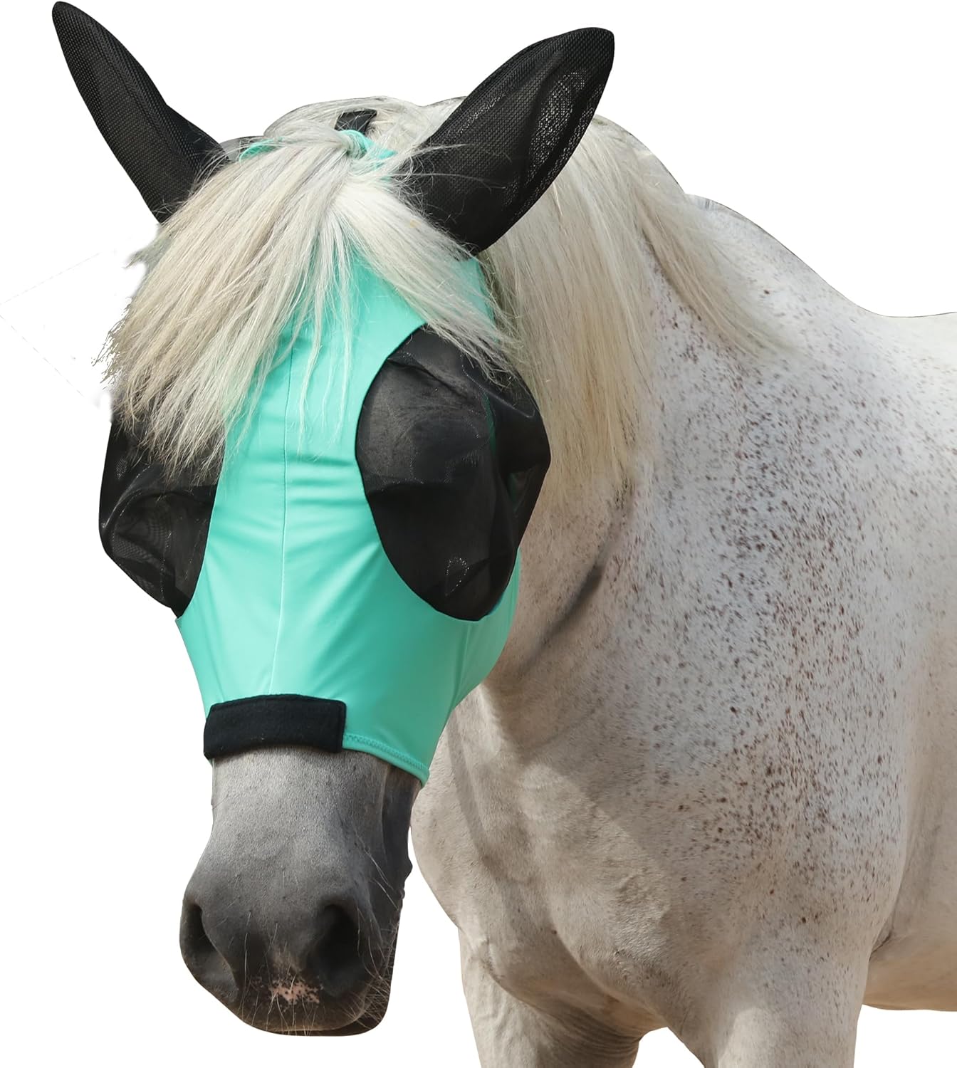 Horse Fly Mask with Ears - Large Eye Space for Full Vision, Breathable Stretch Comfort Fit, UV Protection, Forelock Opening, Easy Pull-On Green Cob