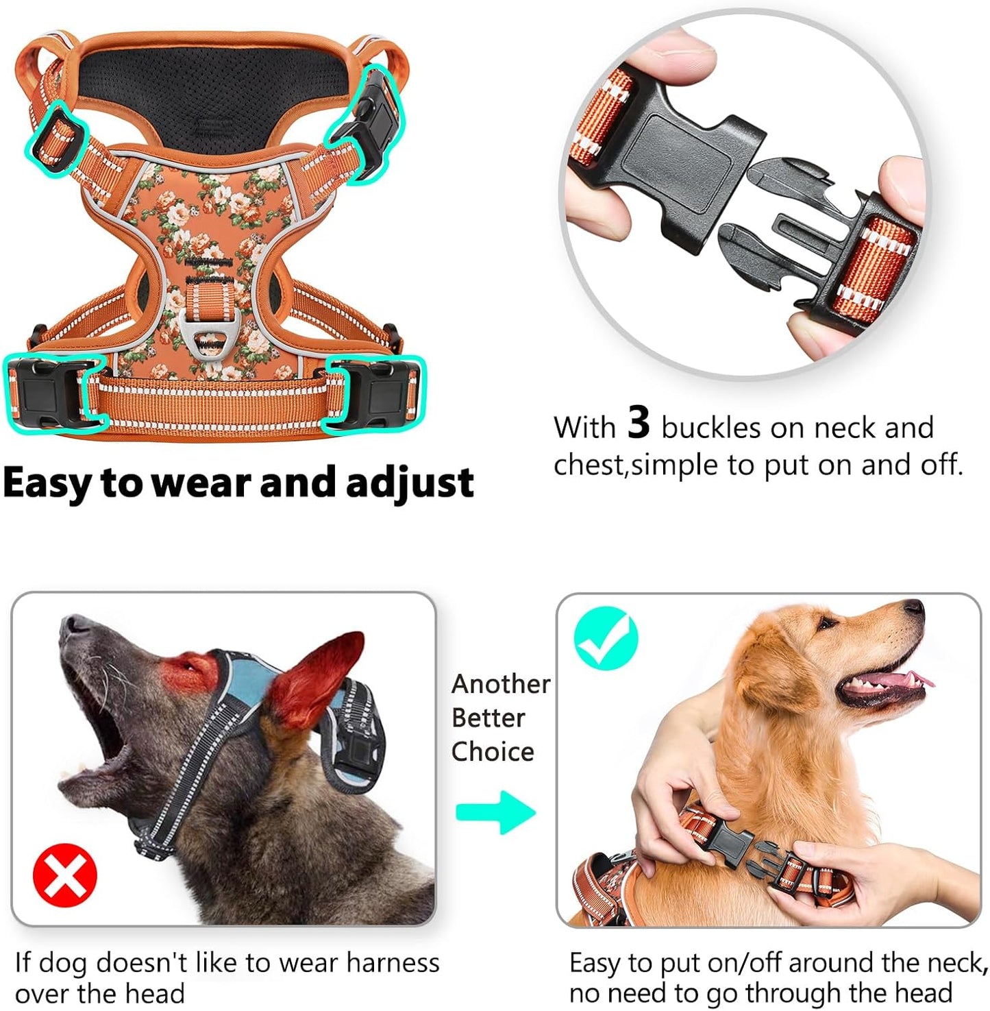 Timos Dog Harness for Large Dogs, No Pull Service Vest with Reflective Strips and Control Handle,No Choke Dog Harness with 2 Metal Rings for Easy Walking,Outdoor Training,Flower Orange, XL