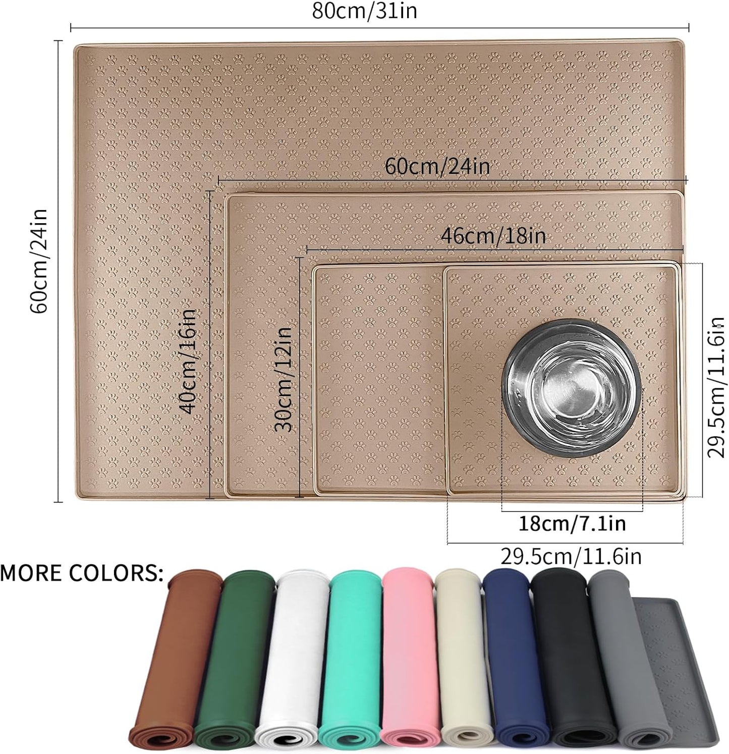 Ptlom Silicone Dog Food Mat Waterproof Pet Feeding Mat with High-Lips, Anti-Slip Dog Bowl Mat for Food & Water, Non-Spill Puppy Feeding Tray for Small, Medium & Large Dogs and Cats, Taupe