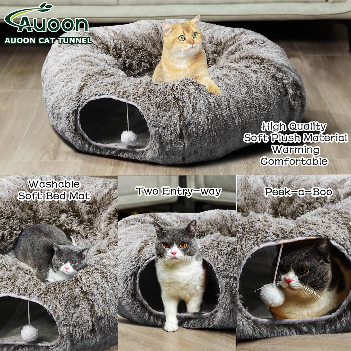 AUOON Cat Tunnel Bed - Cat Donut Tunnel with Soft Plush Circle Cushion for Indoor Cats Kitten Kitty Puppy Rabbit Ferret (Brown)