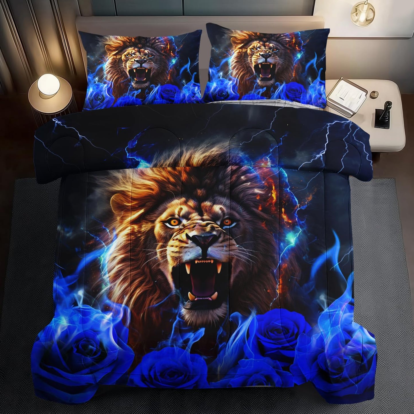 Lion Blue Comforter Set Full,Lion Bedding Set Boys,Animal Print Comforter Bedroom Decor for Home,Vintage Floral Quilt,Blue Flower Bedding Adult,Tiger Quilt Bed Decor Teen
