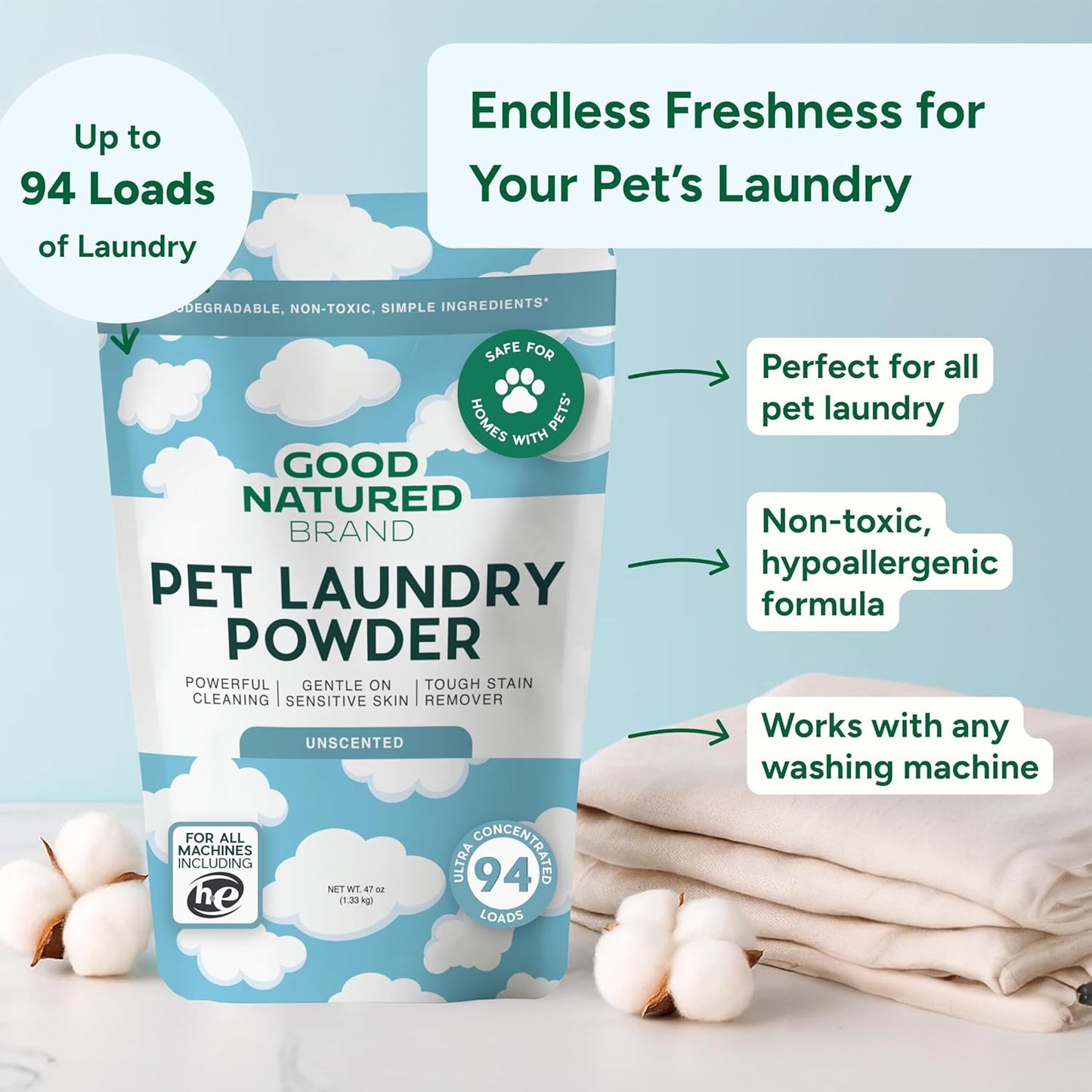 Good Natured Brand | Pet Stain & Odor Remover for Laundry | Pet Laundry Detergent for Dogs Beds, Cat Pee, Smell, Dog Drool | Hypoallergenic & Non-Toxic | Unscented | 47oz 94 Loads