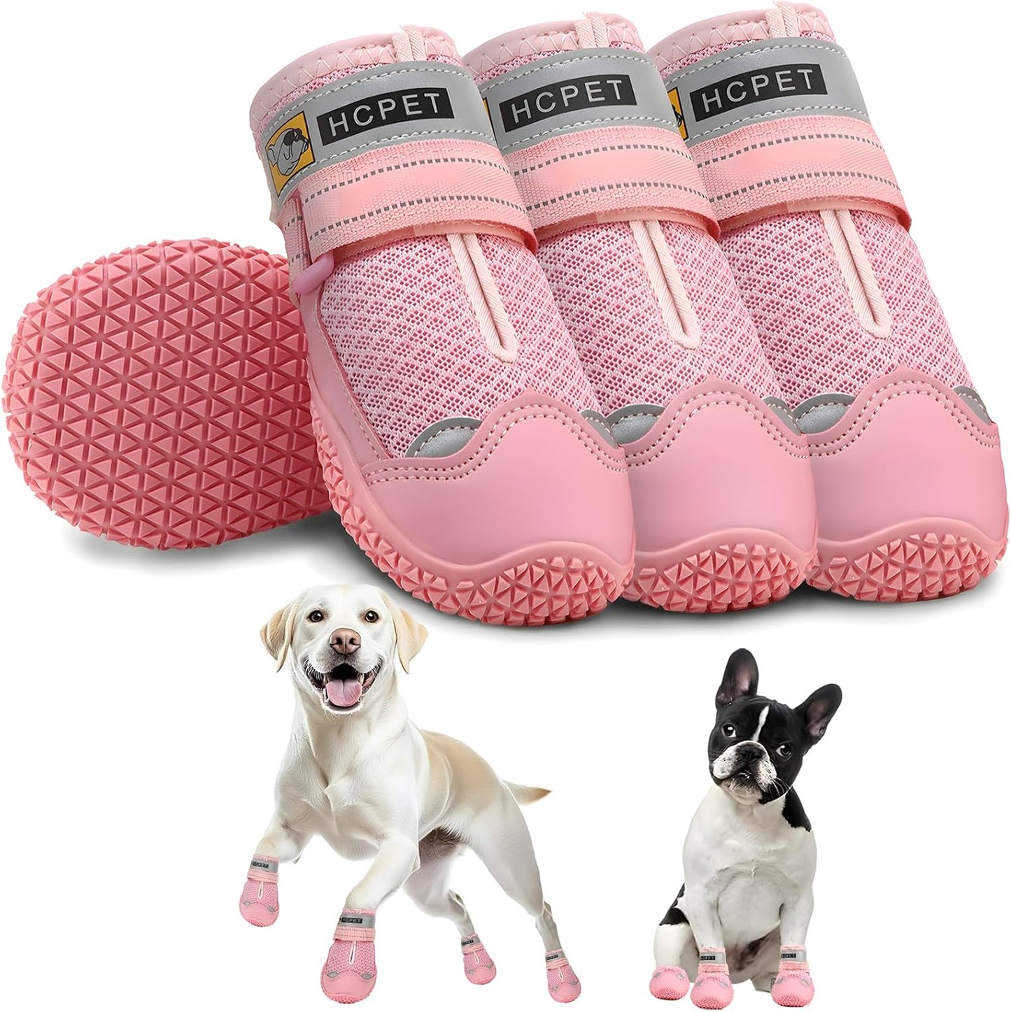 Hcpet Dog Shoes for Large Dogs, Breathable Dog Booties for Small Medium Dogs, Anti-Slip Dog Boots & Paw Protectors for Hot Pavement Winter Snow Hiking with Reflective Straps Pink Size 4