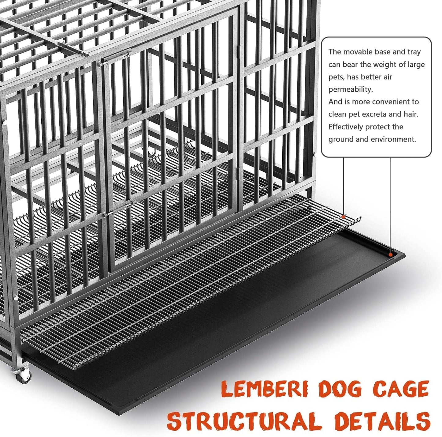 LEMBERI 42 inch Heavy Duty Indestructible Dog Crate, Escape Proof Dog Cage Kennel with Lockable Wheels,High Anxiety Double Door Dog Crate,Extra Large Crate Indoor for Large Dog with Removable Tray