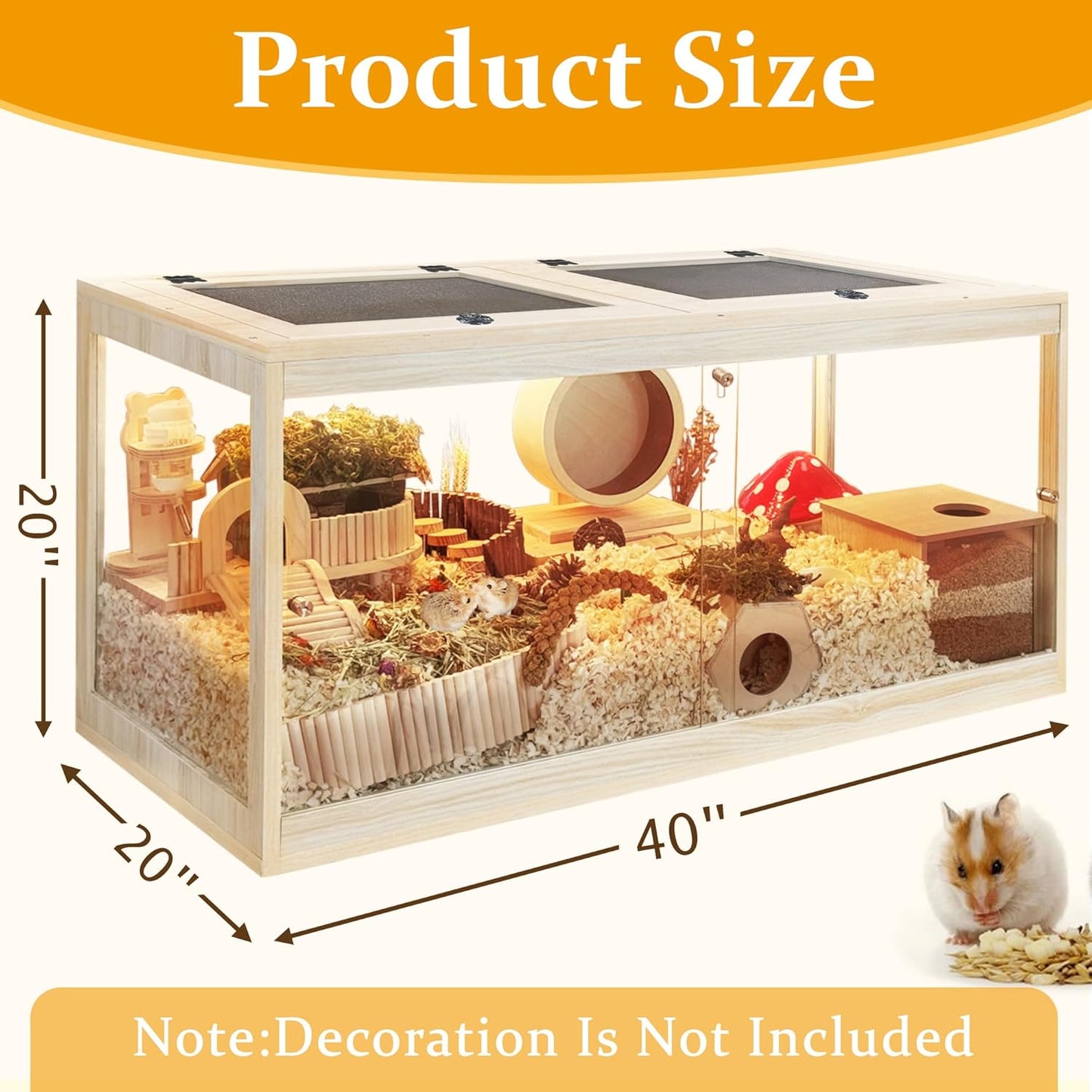 Prolee Hamster Cage with Openable Metal Mesh Top,Hamster Enclosure and Gerbil Cage with Clear Panels for Hamster Habitat,Solid Built with Lock Design (40“x20”x20)