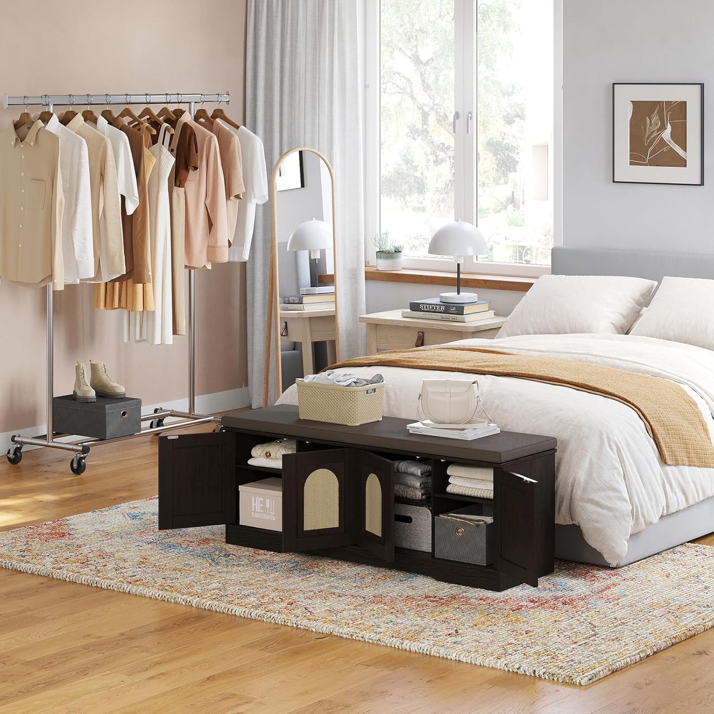 DINZI LVJ Shoe Bench, Entryway Storage Bench with Doors, Cushion, 2-Tier Shoe Rack with 8-Cubby, 47.2”L x 13.8”W Shoe Organizer Cabinet, Adjustable Shelf, Living Room, Bedroom, Espresso with Rattan