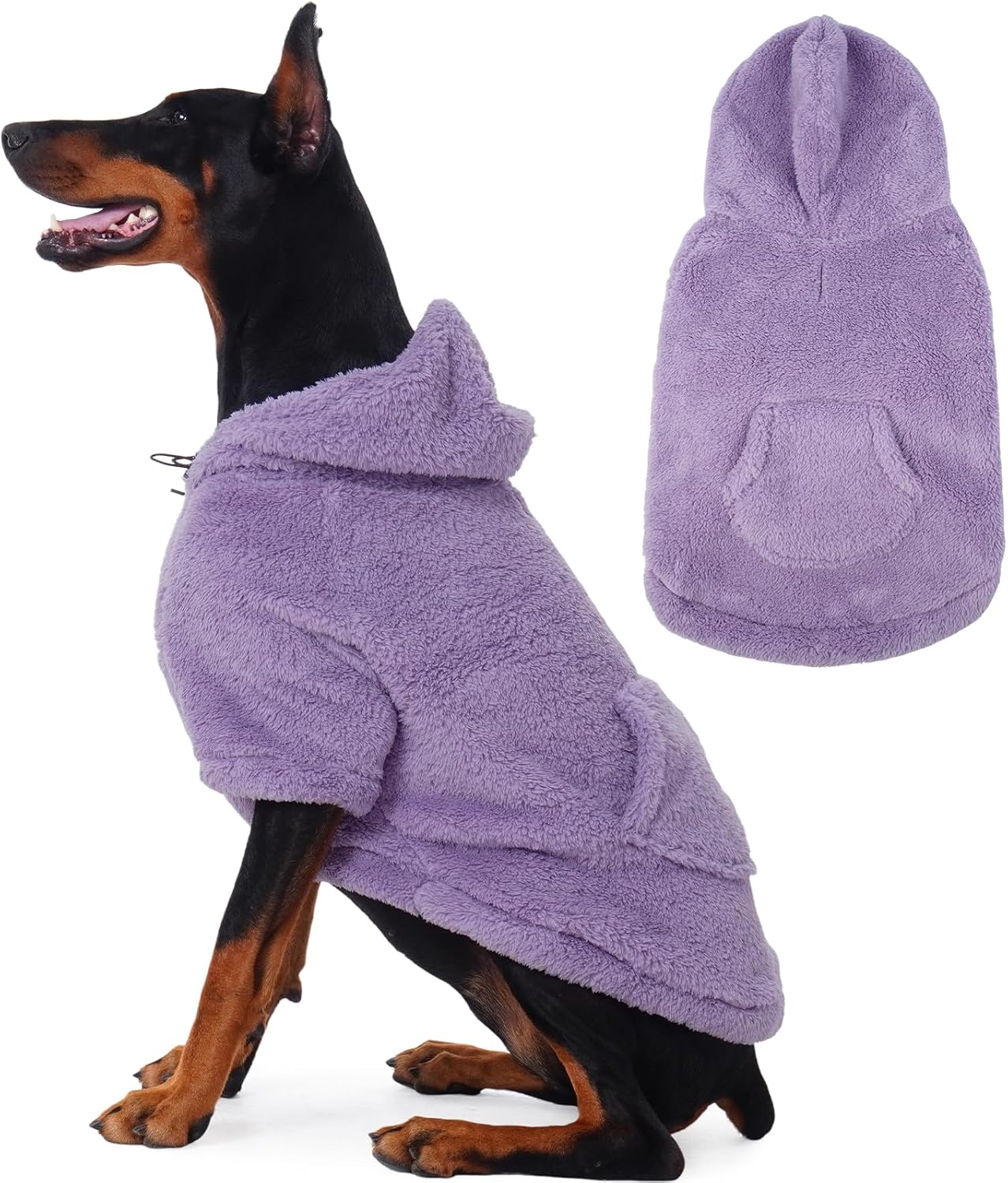 IDOMIK Fuzzy Dog Sweater with Adjustable Hood, Warm Fleece Dog Sweater Hoodie with Harness Hole & Pocket, Pullover Sweaters for Large Dogs, Fuzzy Hooded Sweatshirt for Fall Winter Christmas,Purple,2XL