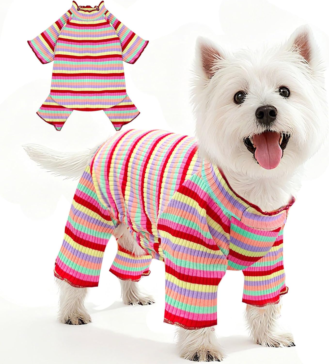 BAEJMJK Striped Dog Pajamas Stretchy Cute Four-Legged Boy Girl Dog Clothes with Sleeves Comfortable Dogs Jumpsuit Colorful Pet Puppy Outfits Apparel for Small Medium Dogs Cats(Red,Medium)