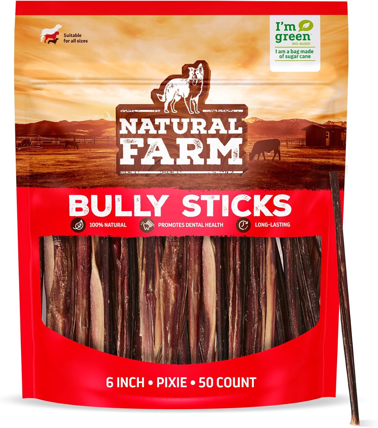 Natural Farm Bully Sticks (6 Inch, 50 Pack), Thin Pixie Pizzle Beef Treats, Grain-Free, High Protein, Best Rawhide Alternative for Small, Puppies or Senior Dogs